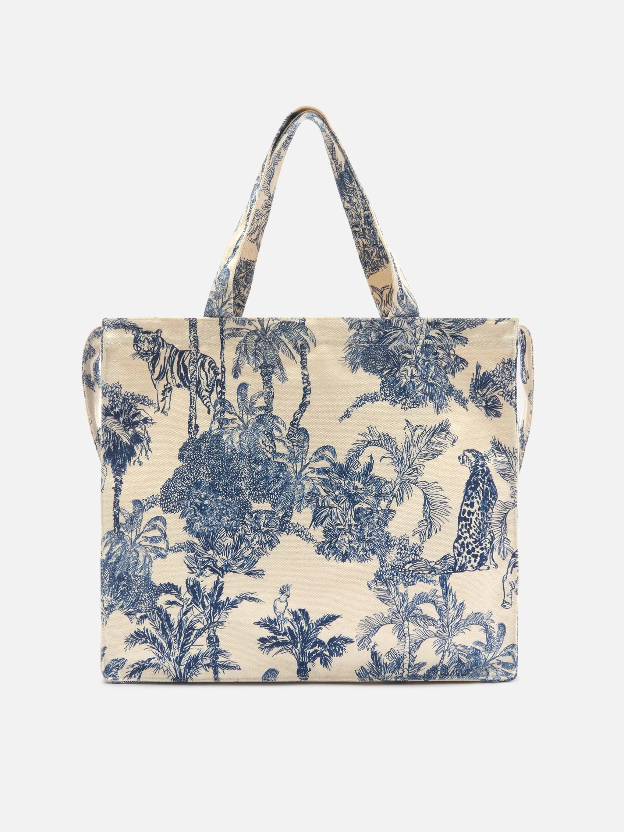 Essential Canvas Tote Bag With Blue Toile De Jouy Print White