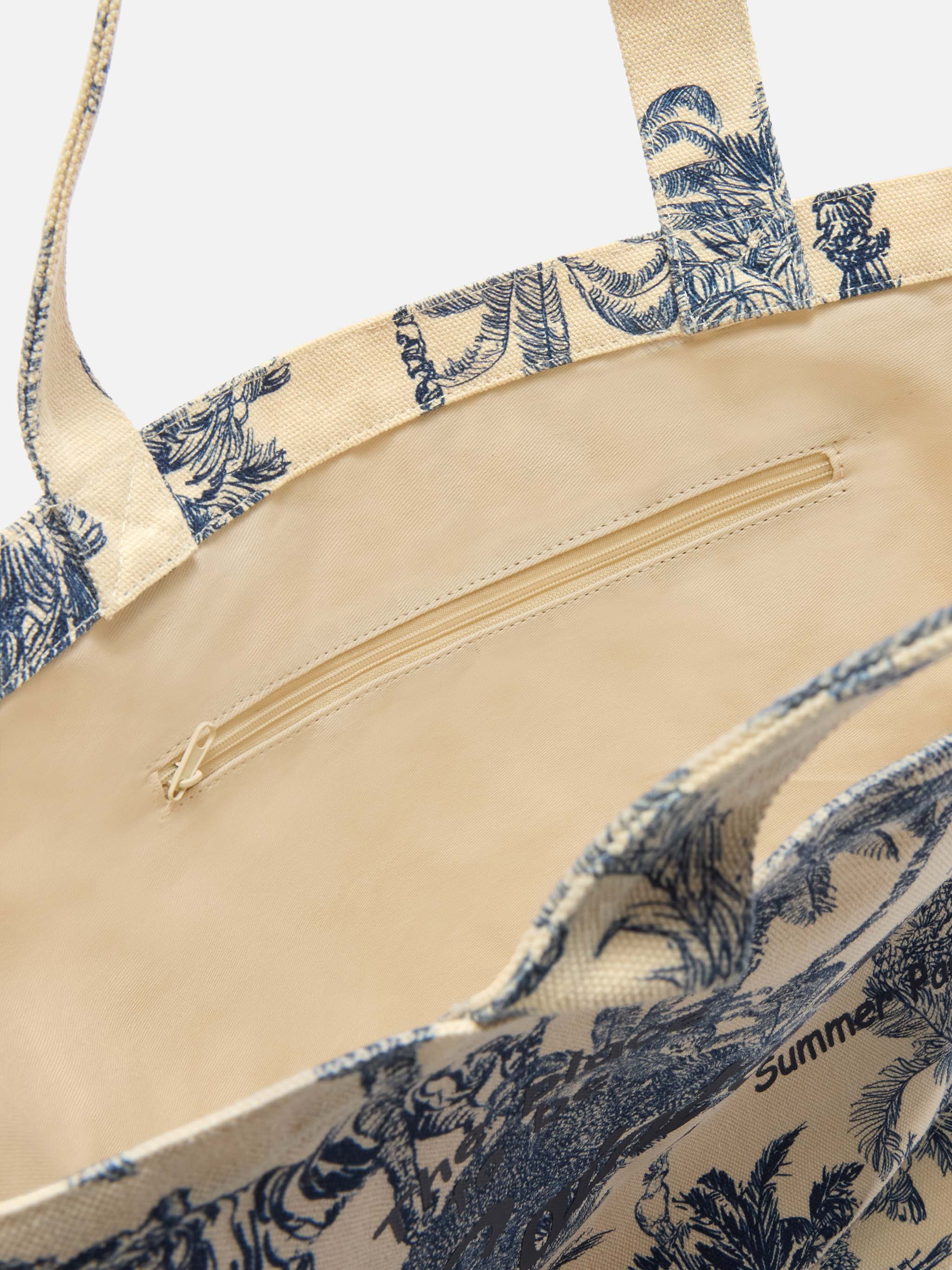 Essential Canvas Tote Bag With Blue Toile De Jouy Print White
