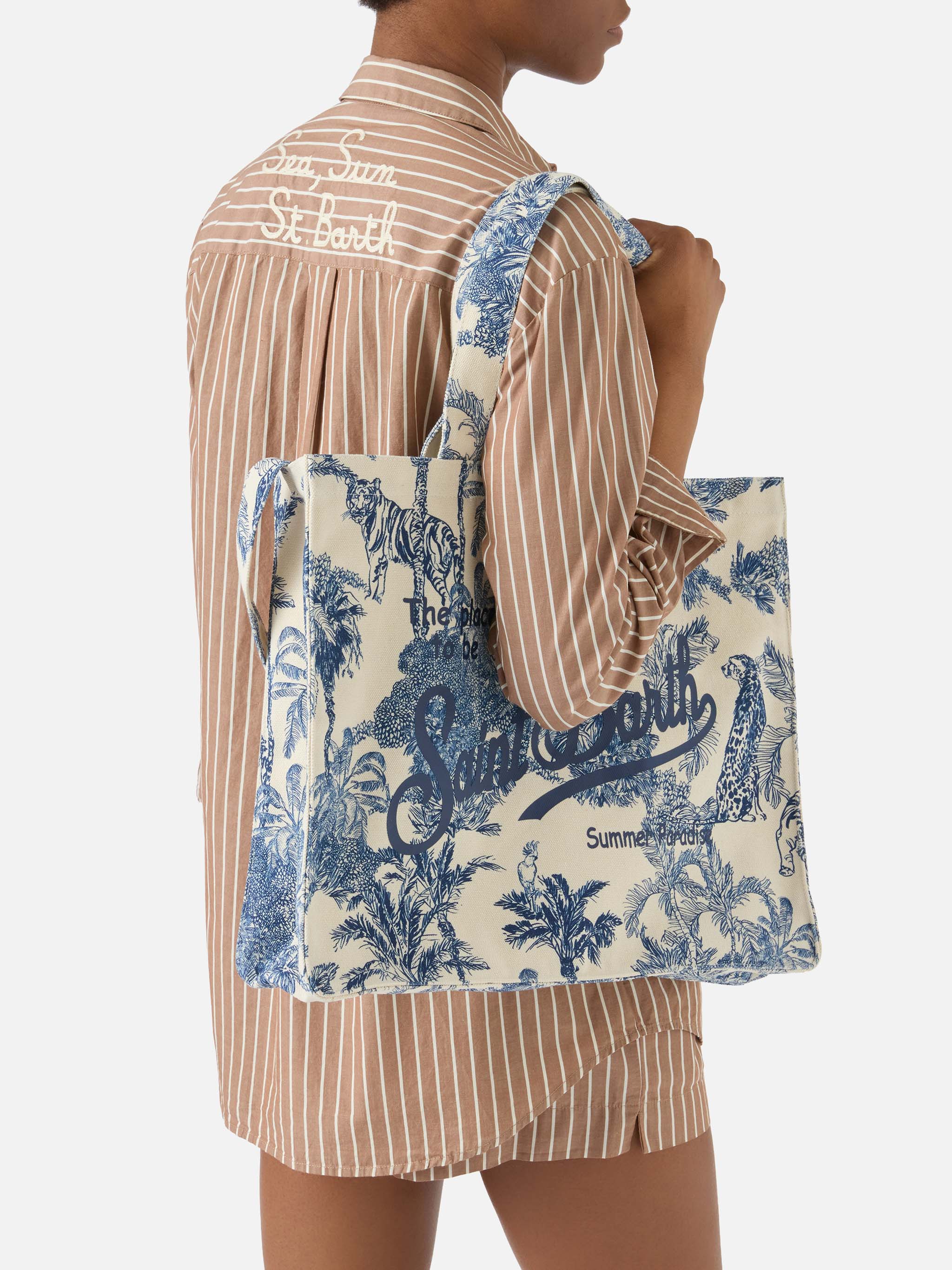 Essential Canvas Tote Bag With Blue Toile De Jouy Print White
