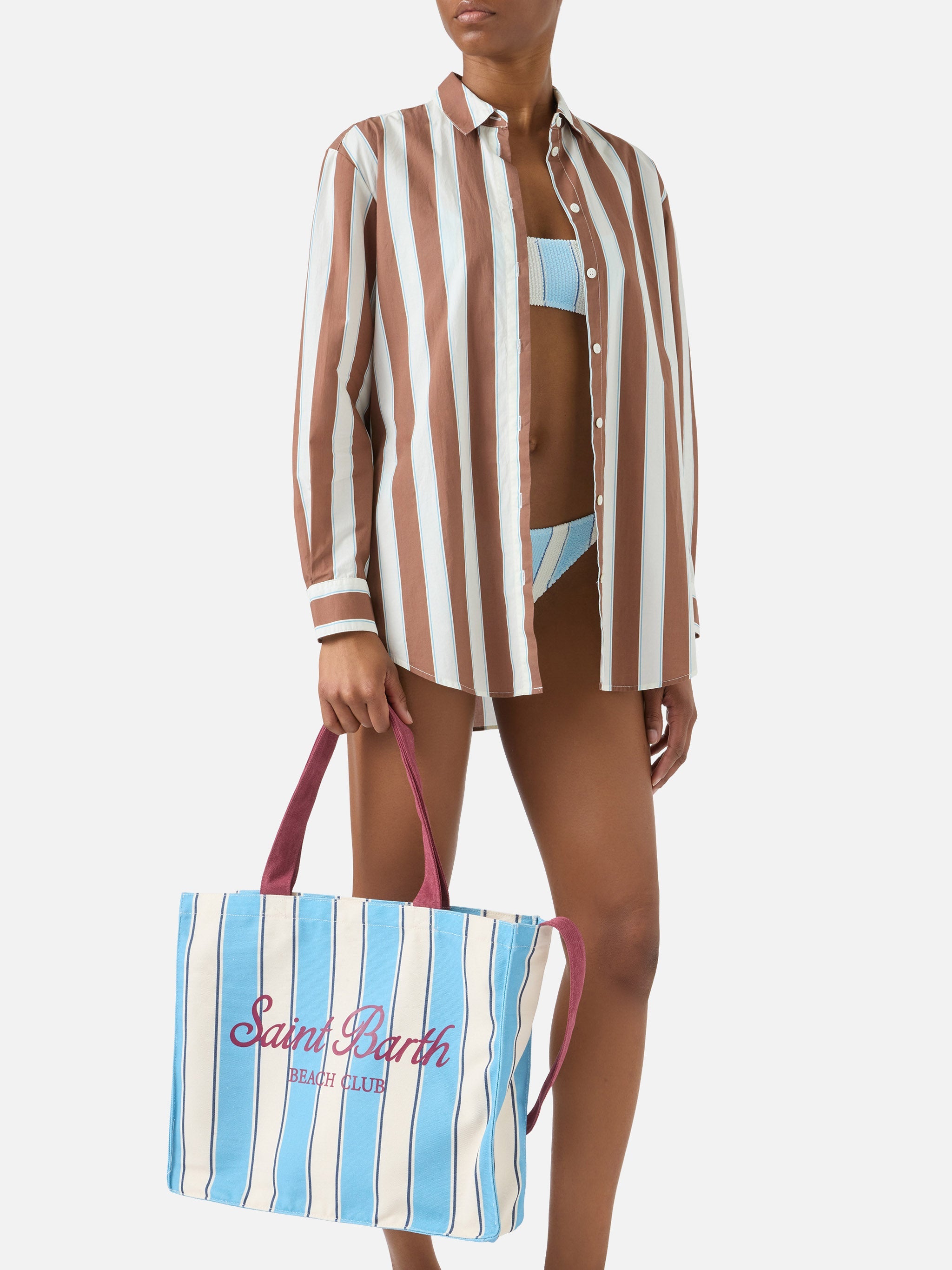 Essential Canvas Tote Bag With Light Blue And White Stripes Contrasting Logo