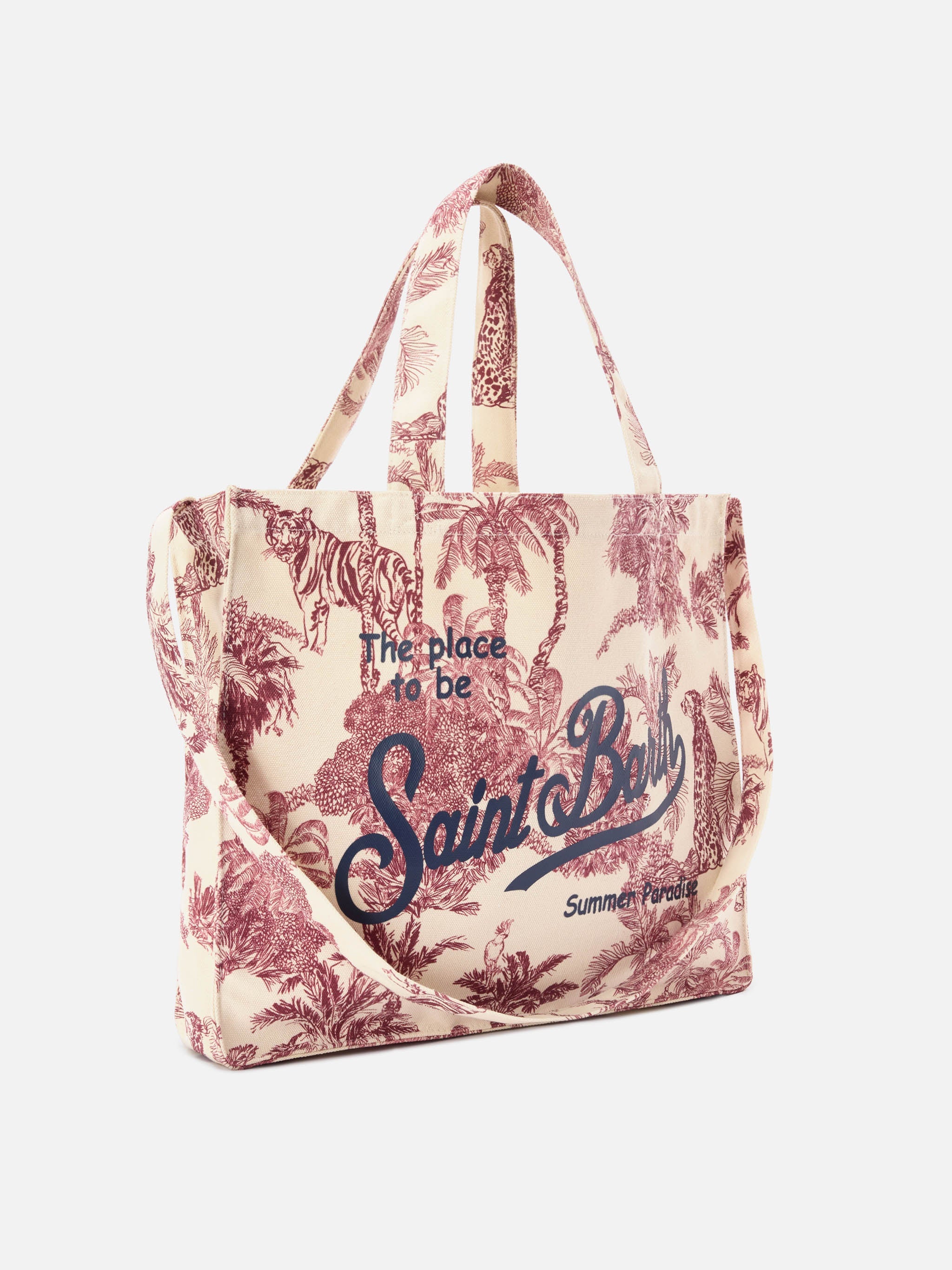 Essential Canvas Tote Bag With Bordeaux Toile De Jouy Print Red