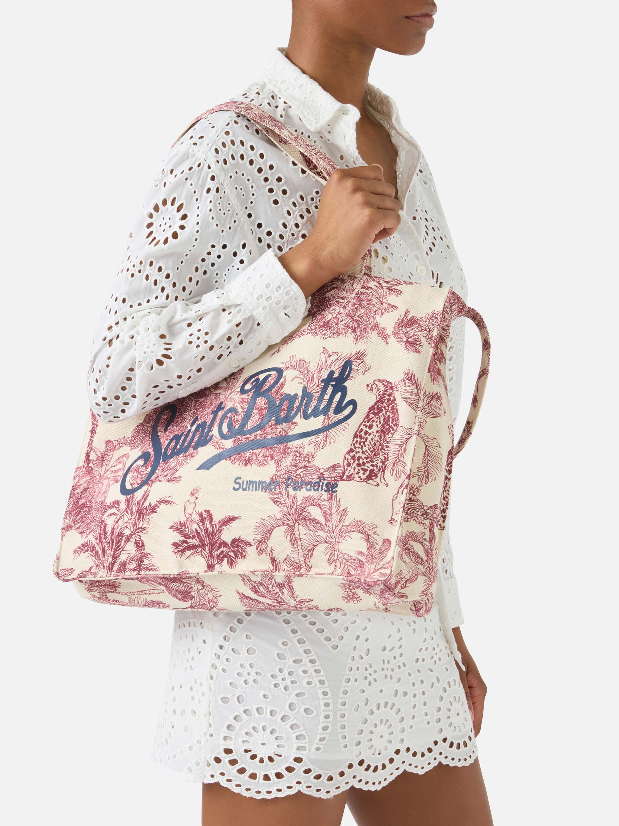 Essential Canvas Tote Bag With Bordeaux Toile De Jouy Print Red