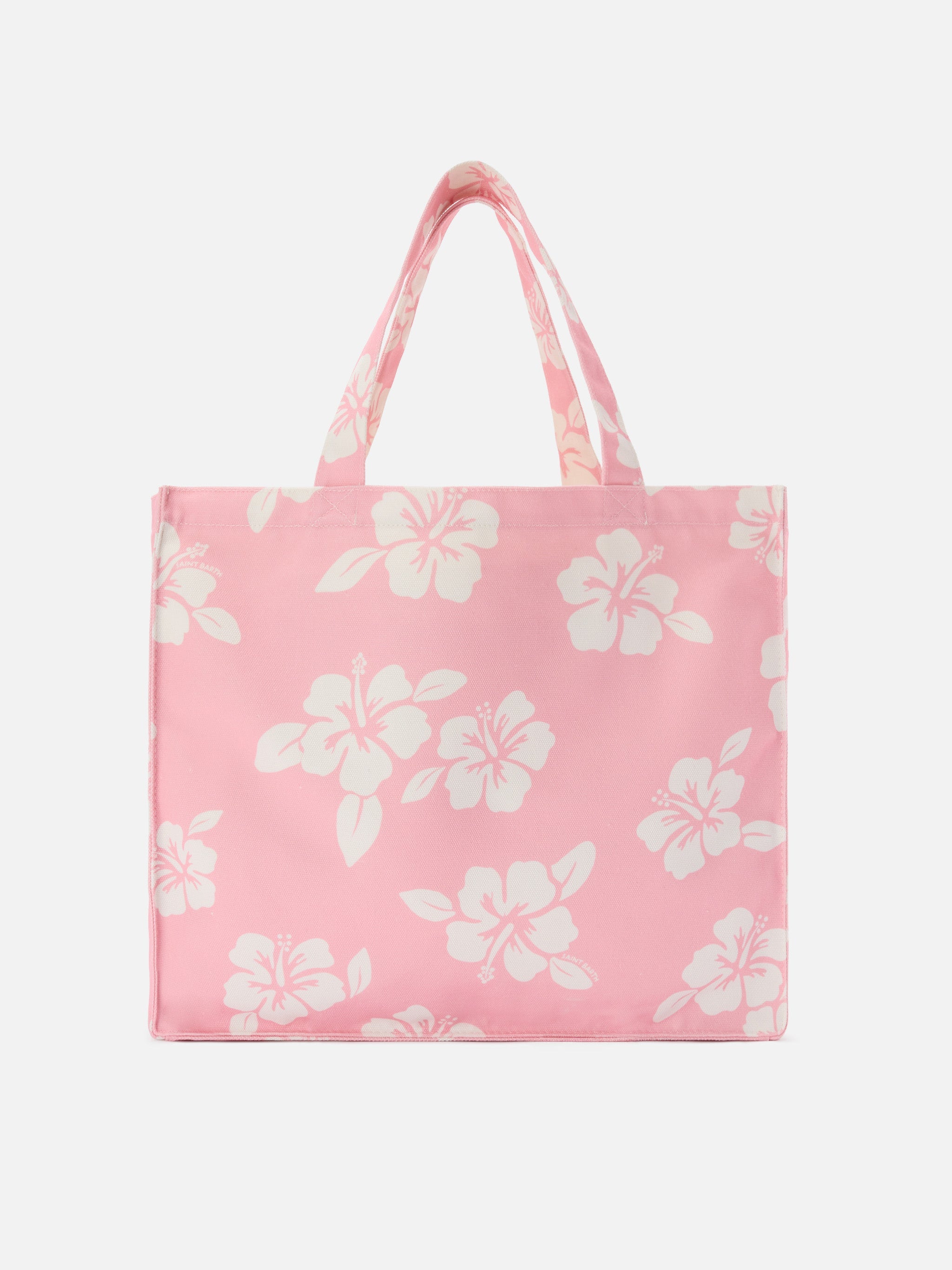 Essential Canvas Tote Bag With Pink Hibiscus Print And Contrasting Logo