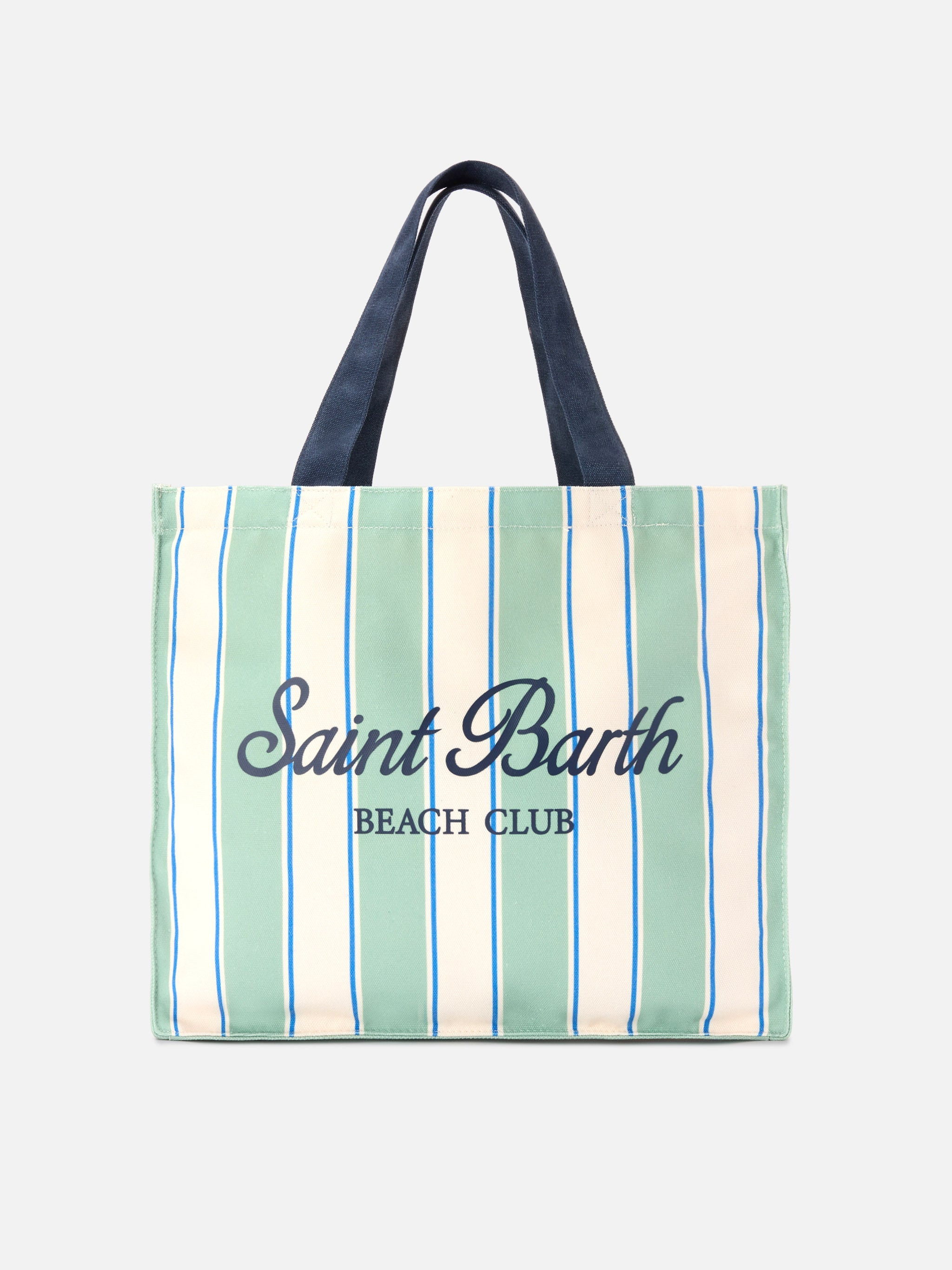 Essential Canvas Tote Bag With Green, Light Blue And White Stripes Contrasting Logo