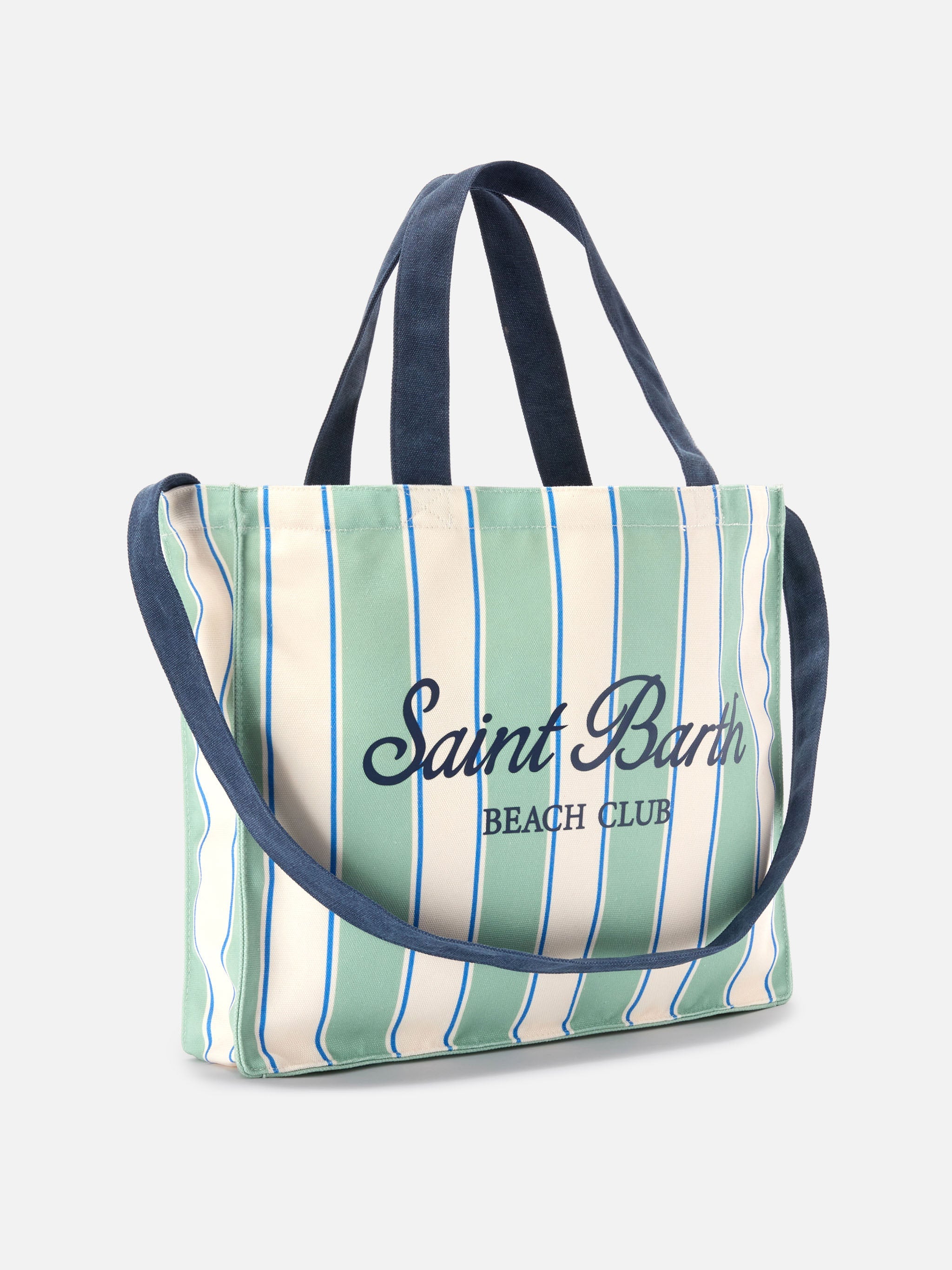 Essential Canvas Tote Bag With Green, Light Blue And White Stripes Contrasting Logo