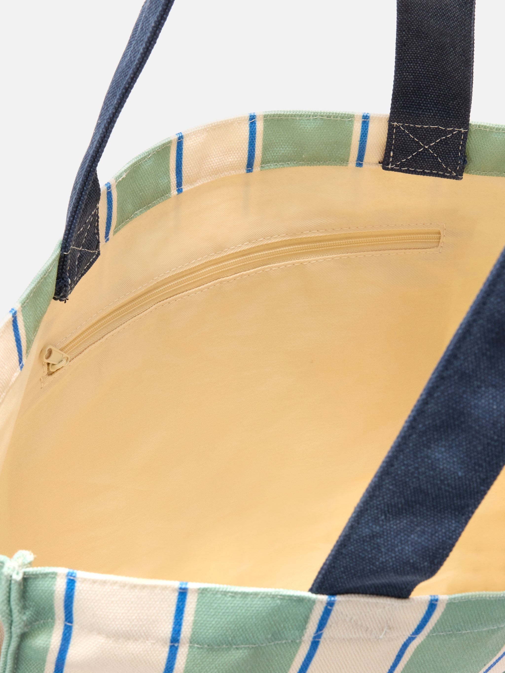 Essential Canvas Tote Bag With Green, Light Blue And White Stripes Contrasting Logo