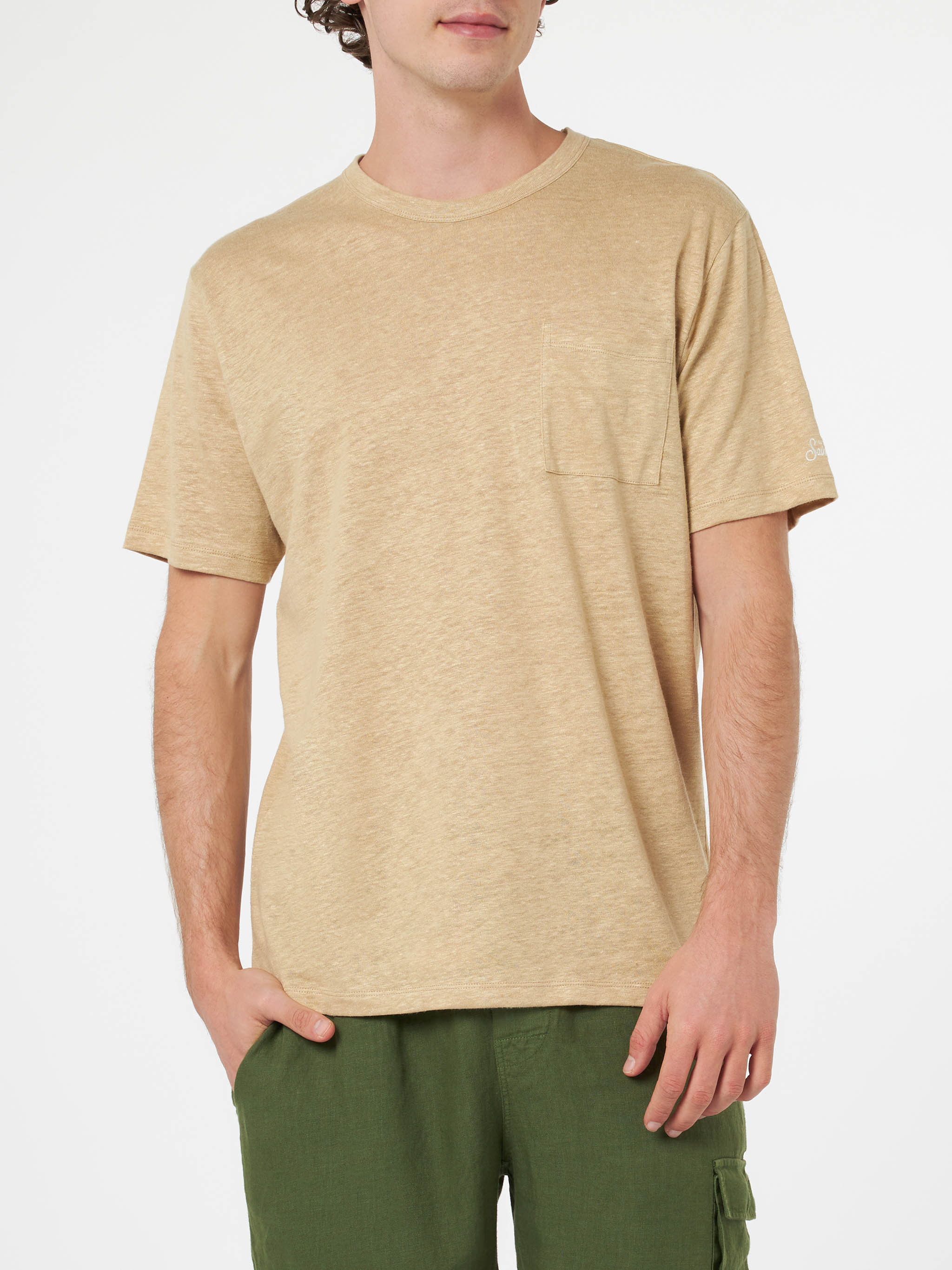 Man Beige Linen Jersey T-Shirt Ecstasea With Pocket White
