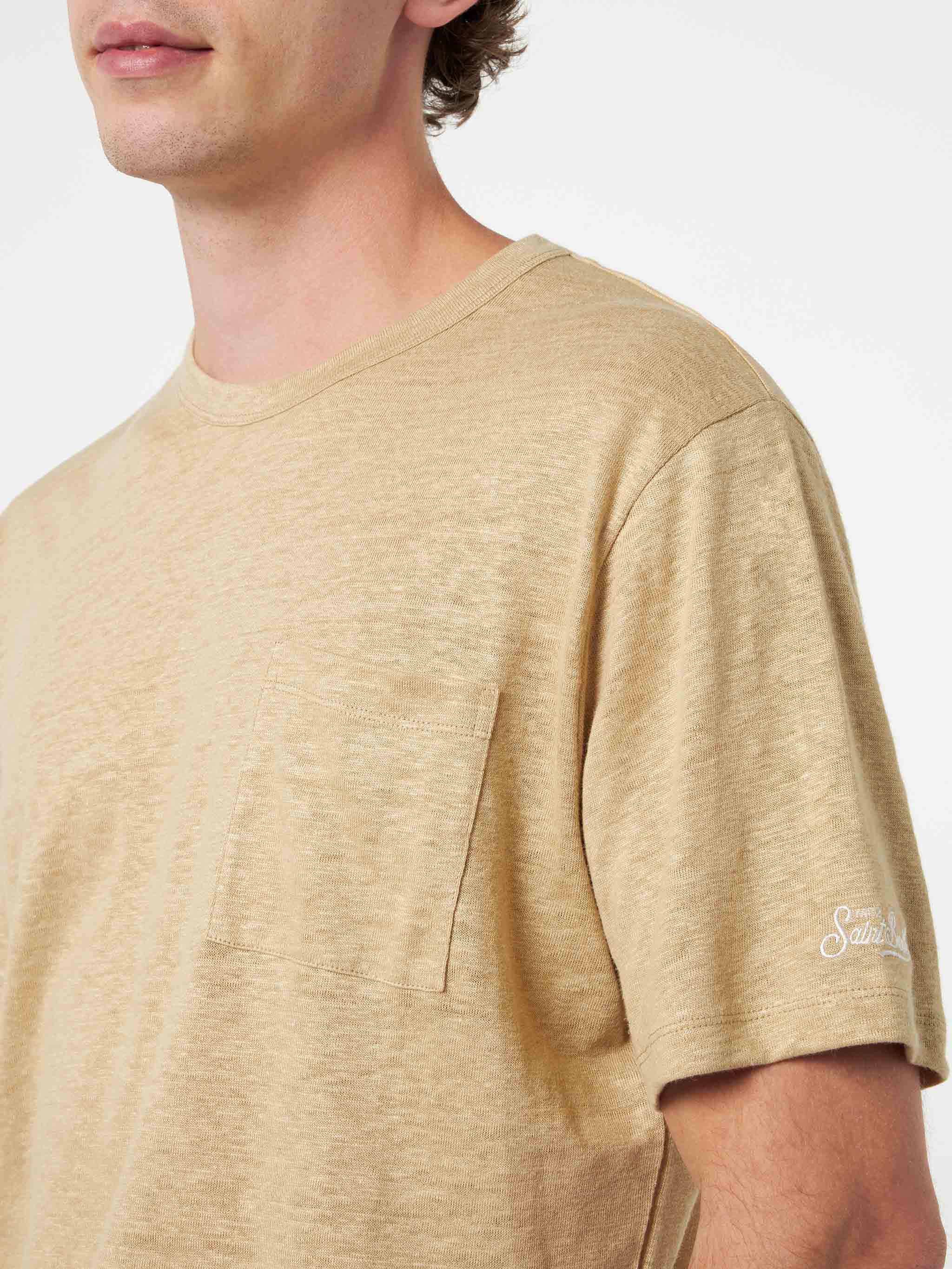 Man Beige Linen Jersey T-Shirt Ecstasea With Pocket White
