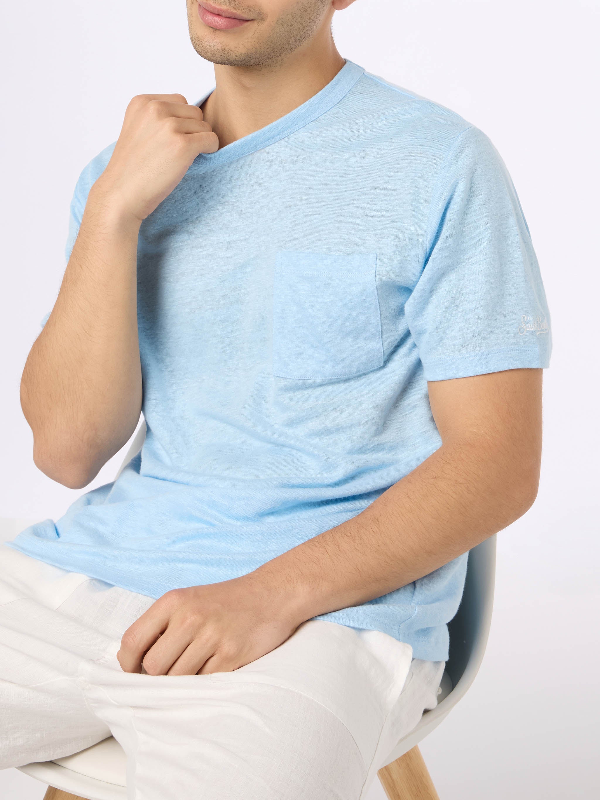 Man Light Blue Linen Jersey T-Shirt Ecstasea With Pocket Sky