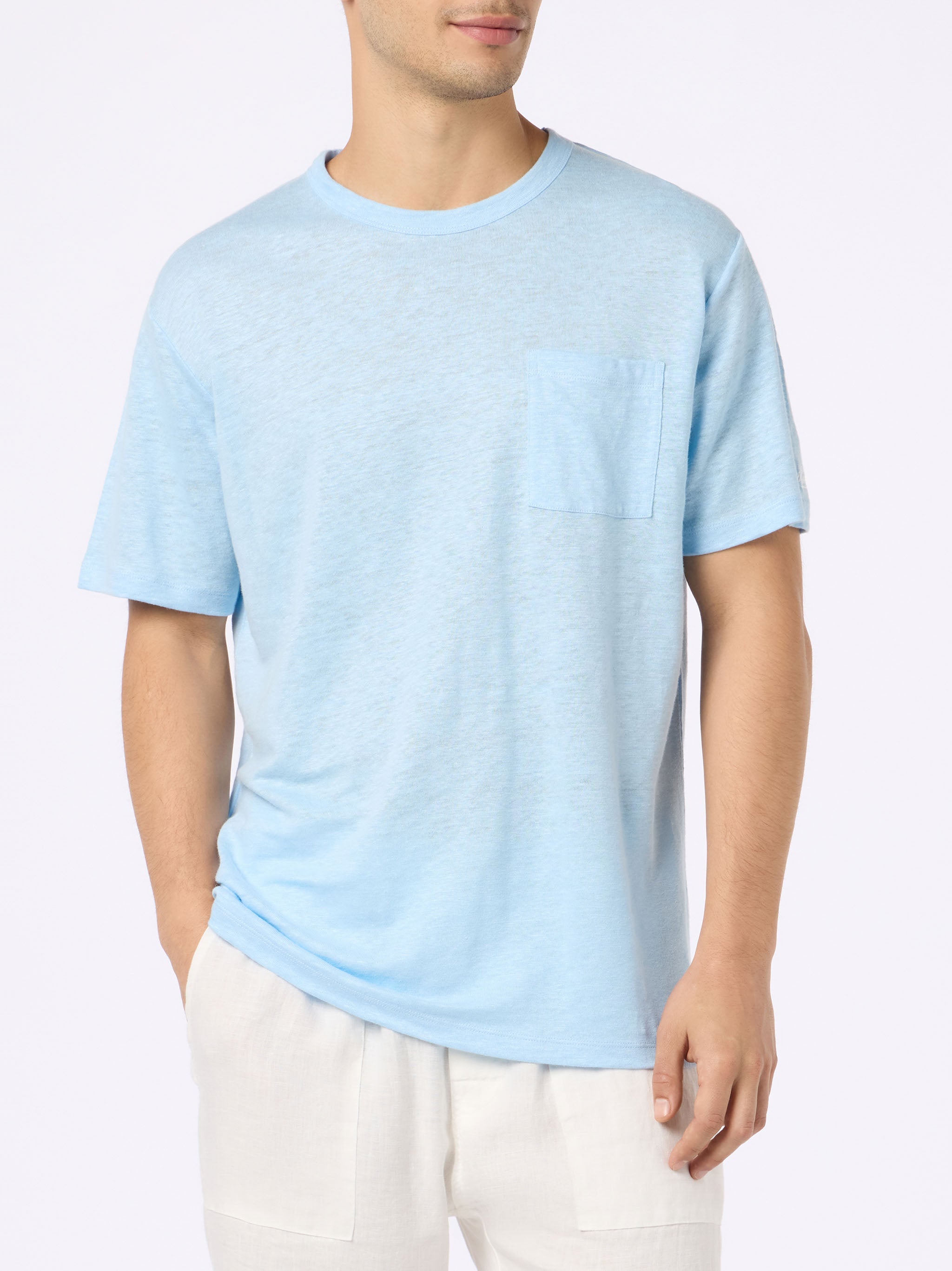 Man Light Blue Linen Jersey T-Shirt Ecstasea With Pocket Sky