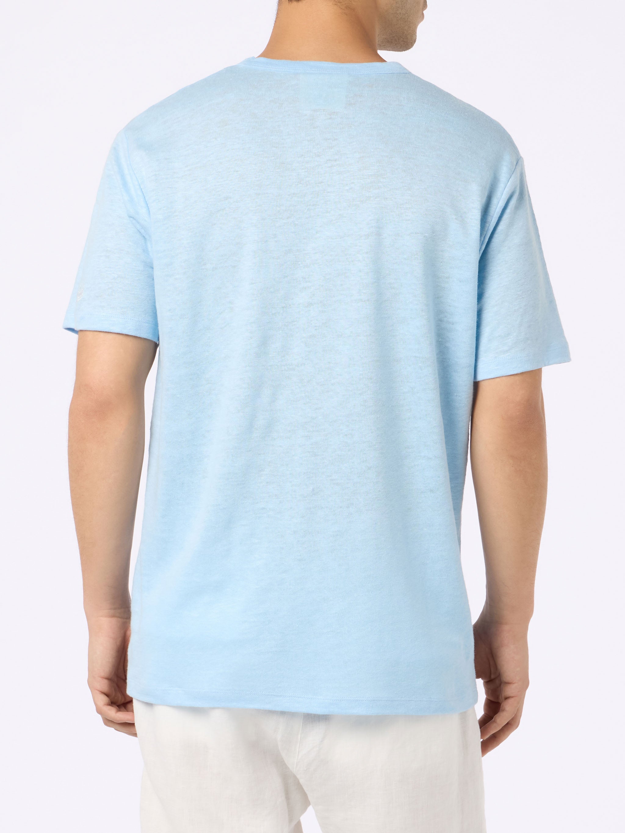 Man Light Blue Linen Jersey T-Shirt Ecstasea With Pocket Sky