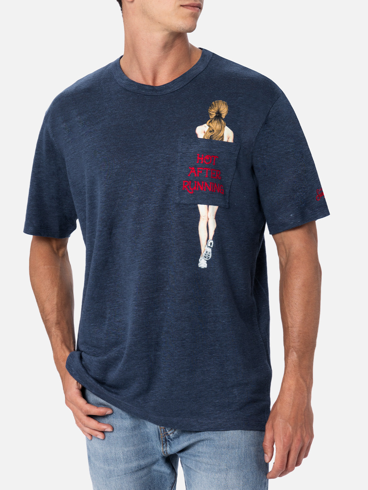 Man Linen Jersey T-Shirt Ecstasea With Printed And Embroidered Pocket Blue