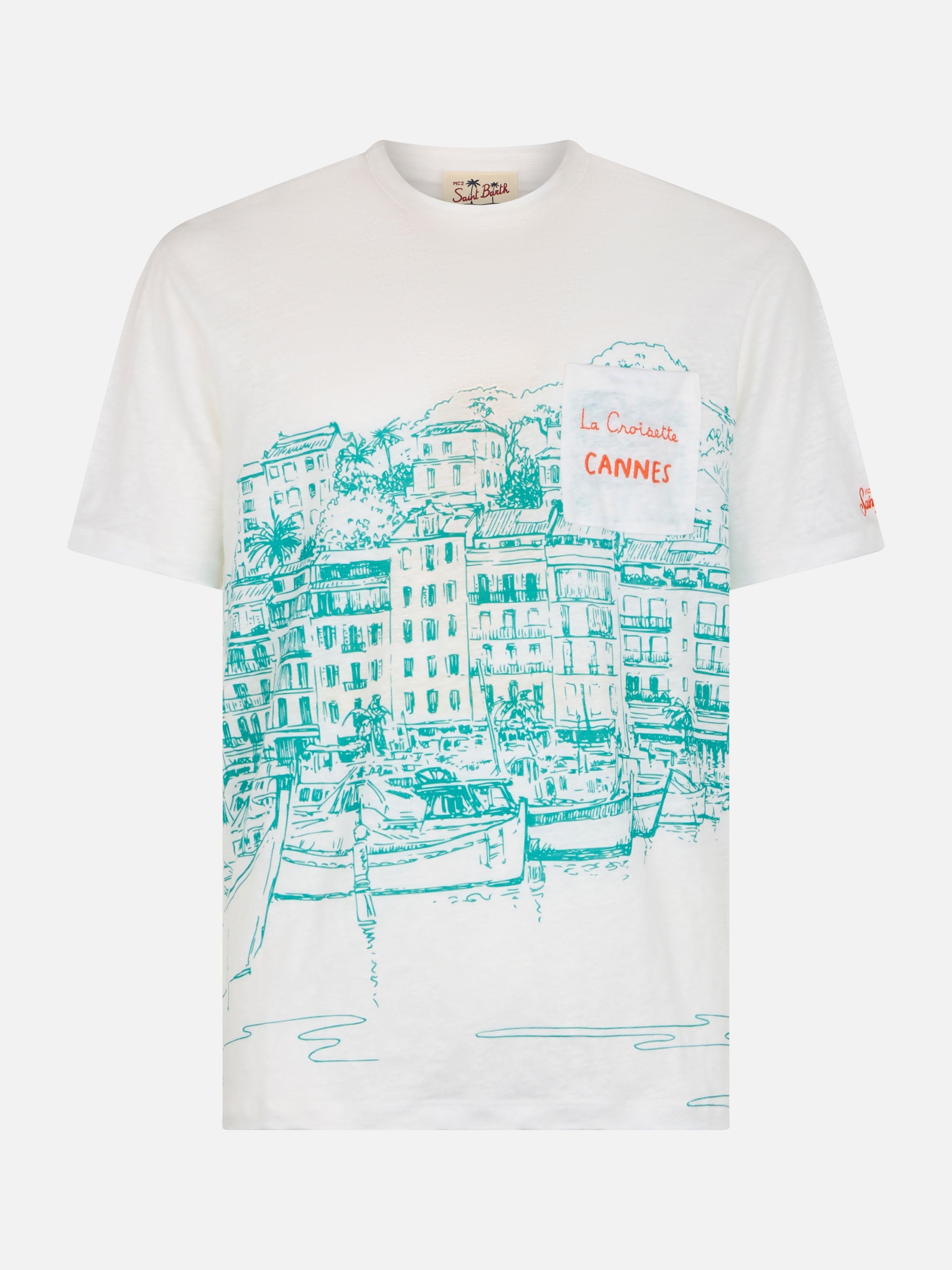 Man Linen Jersey T-Shirt Ecstasea With Cannes Placed Print And Embroidered Pocket White