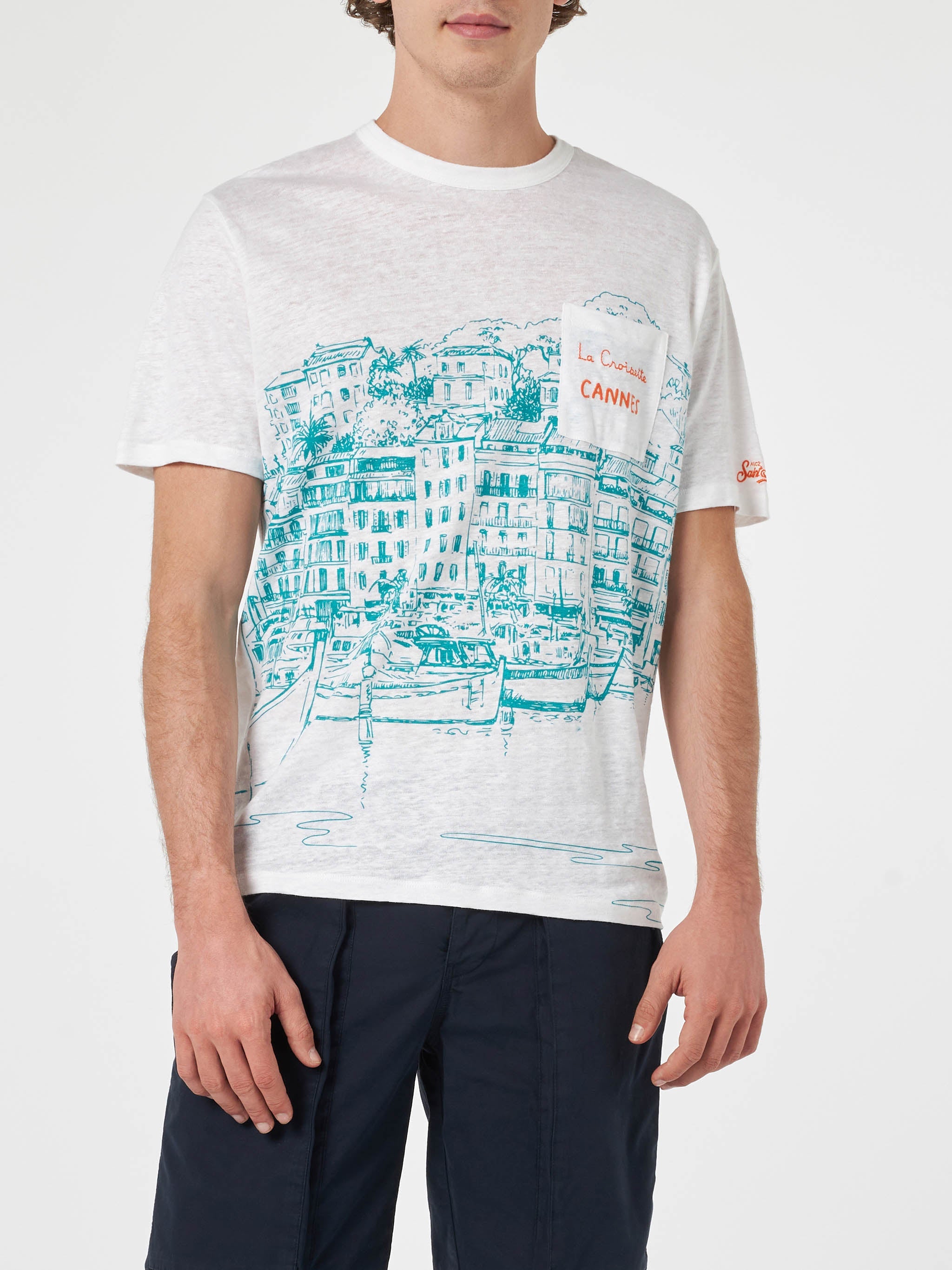 Man Linen Jersey T-Shirt Ecstasea With Cannes Placed Print And Embroidered Pocket White