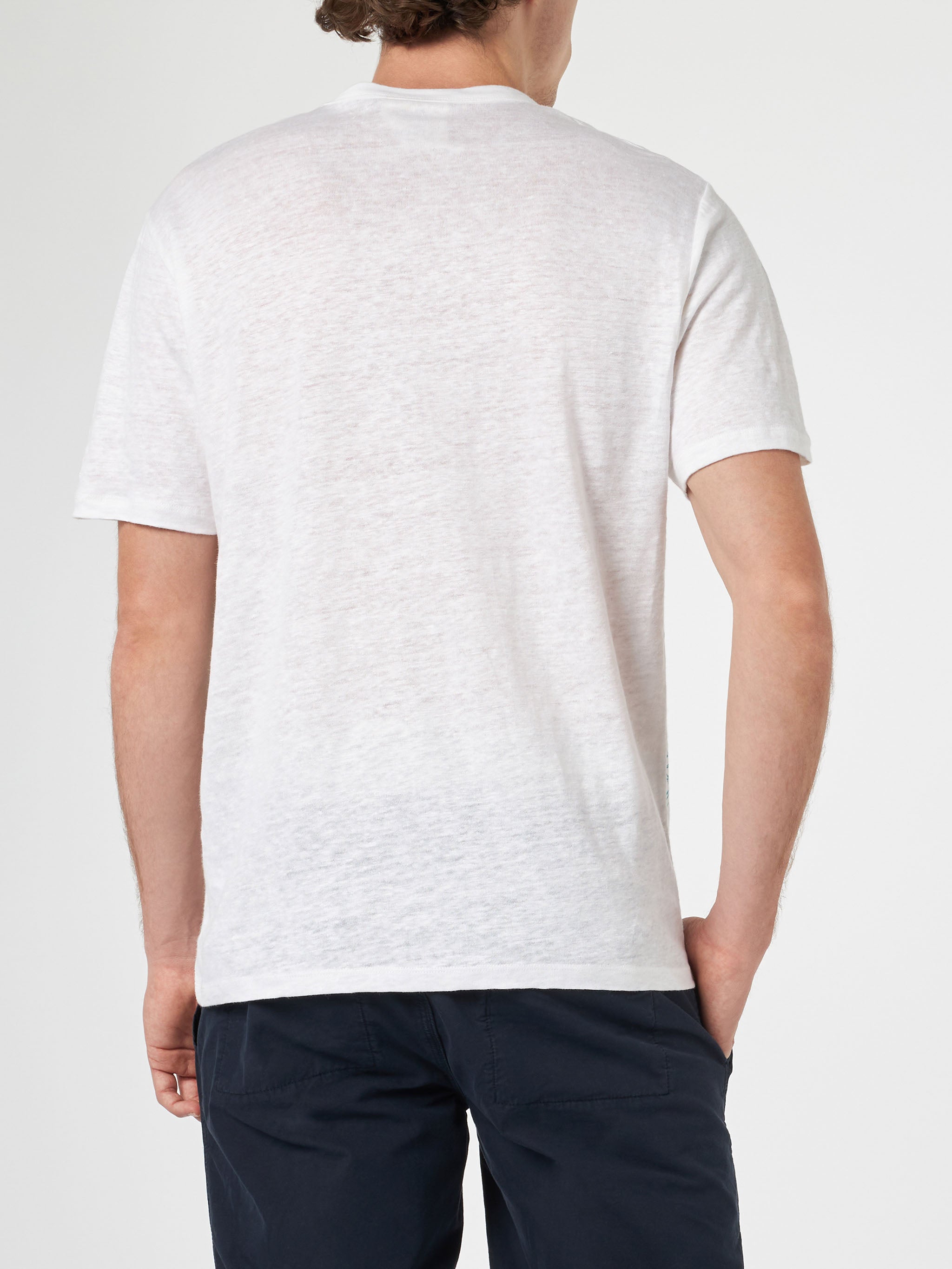 Man Linen Jersey T-Shirt Ecstasea With Cannes Placed Print And Embroidered Pocket White