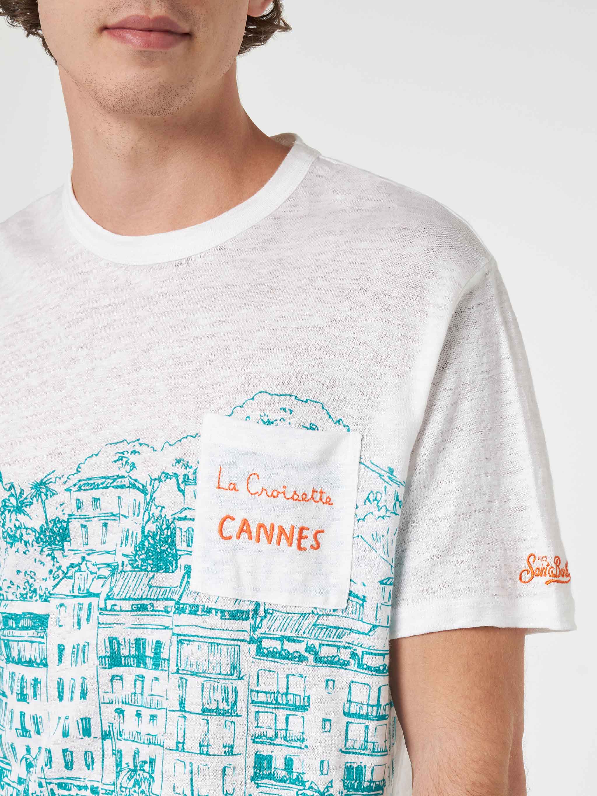 Man Linen Jersey T-Shirt Ecstasea With Cannes Placed Print And Embroidered Pocket White