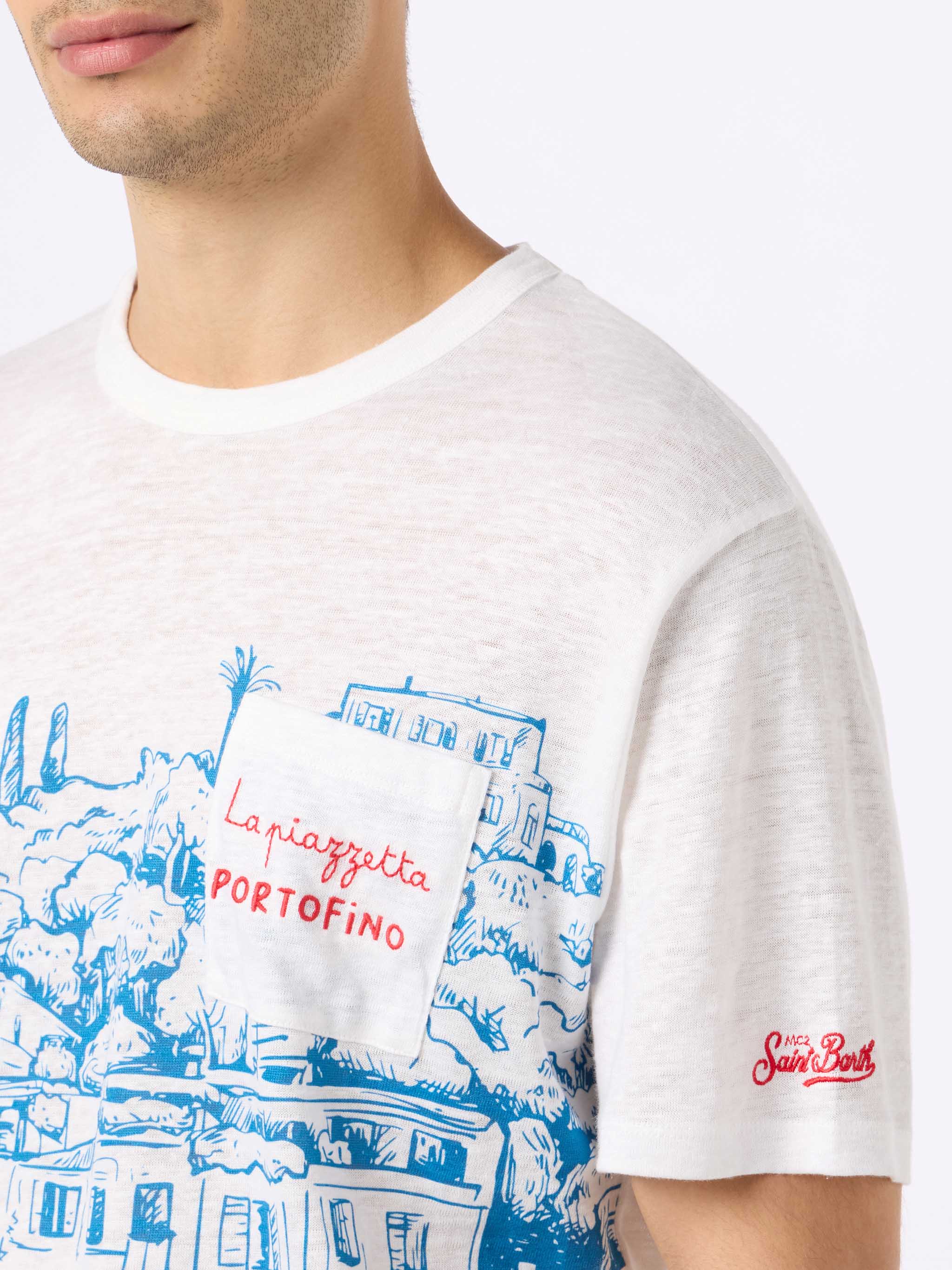 Man Linen Jersey T-Shirt Ecstasea With Portofino Placed Print And Embroidered Pocket White