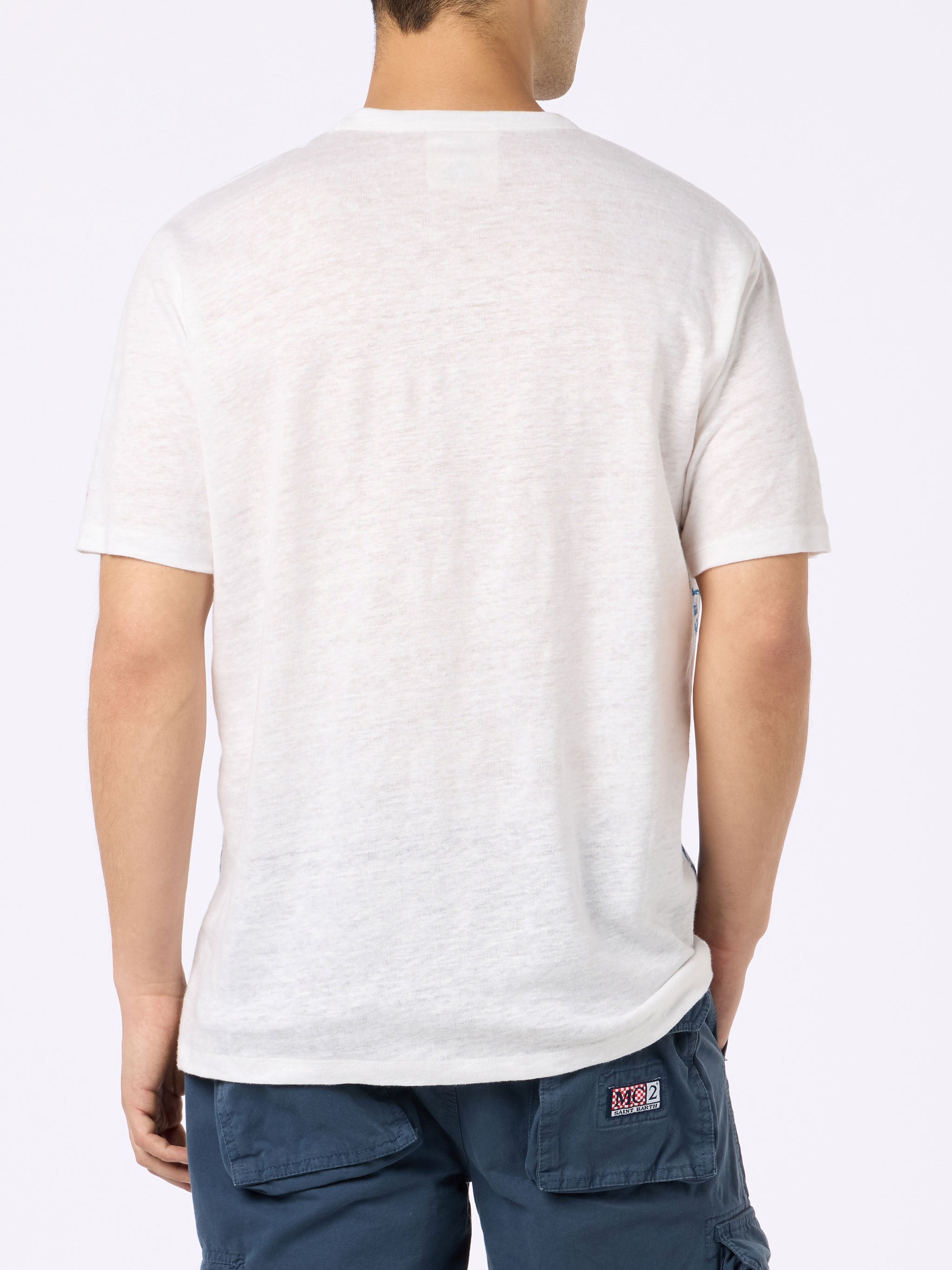 Man Linen Jersey T-Shirt Ecstasea With Portofino Placed Print And Embroidered Pocket White