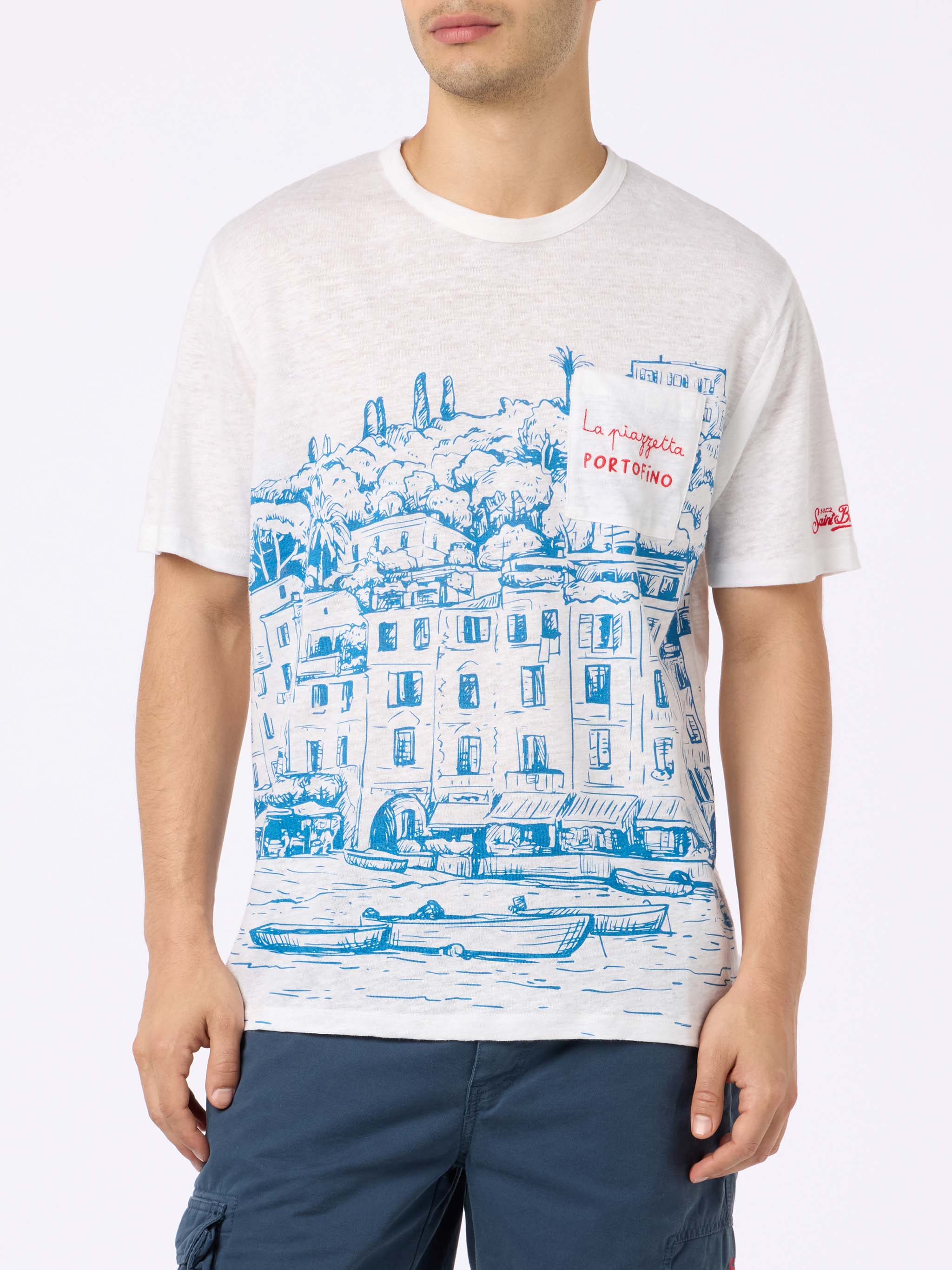 Man Linen Jersey T-Shirt Ecstasea With Portofino Placed Print And Embroidered Pocket White