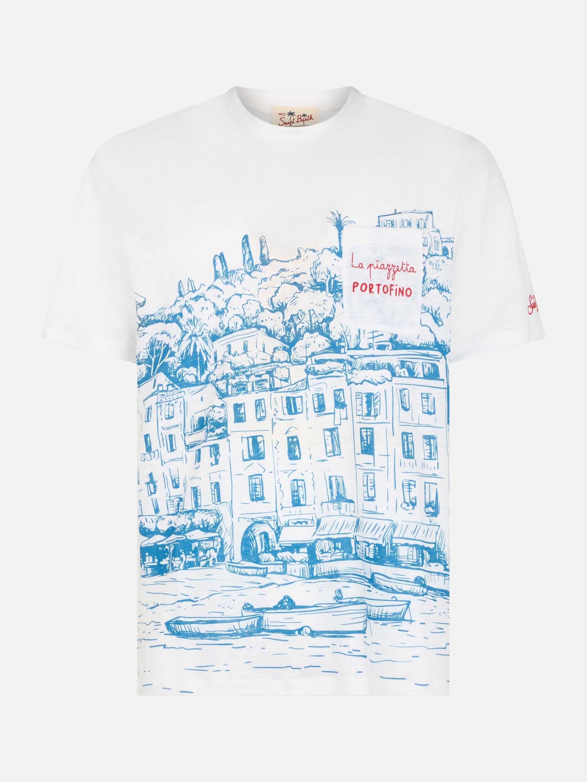 Man Linen Jersey T-Shirt Ecstasea With Portofino Placed Print And Embroidered Pocket White