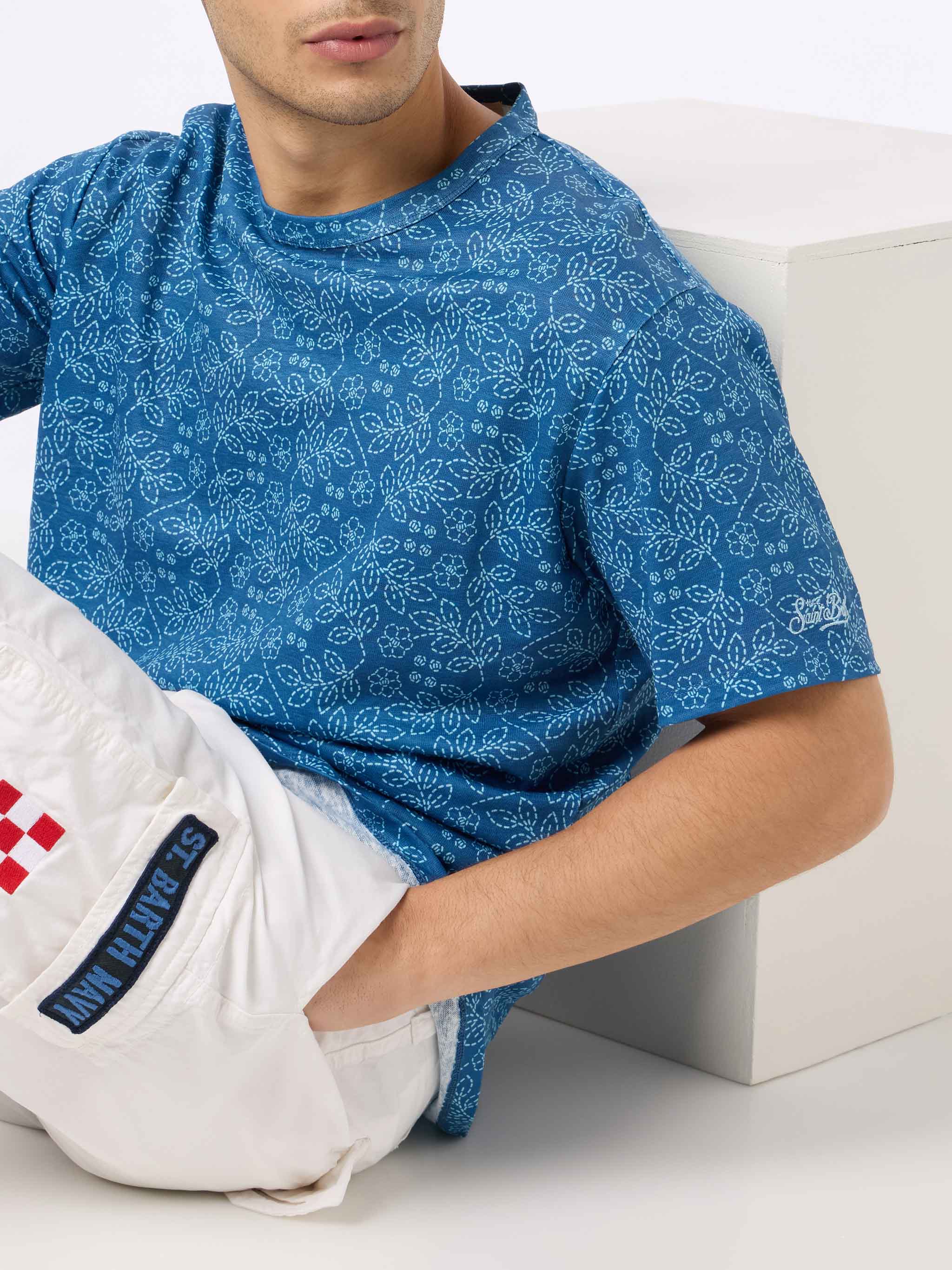 Ecstasea Blue Linen Jersey T-Shirt With Sashiko Pattern