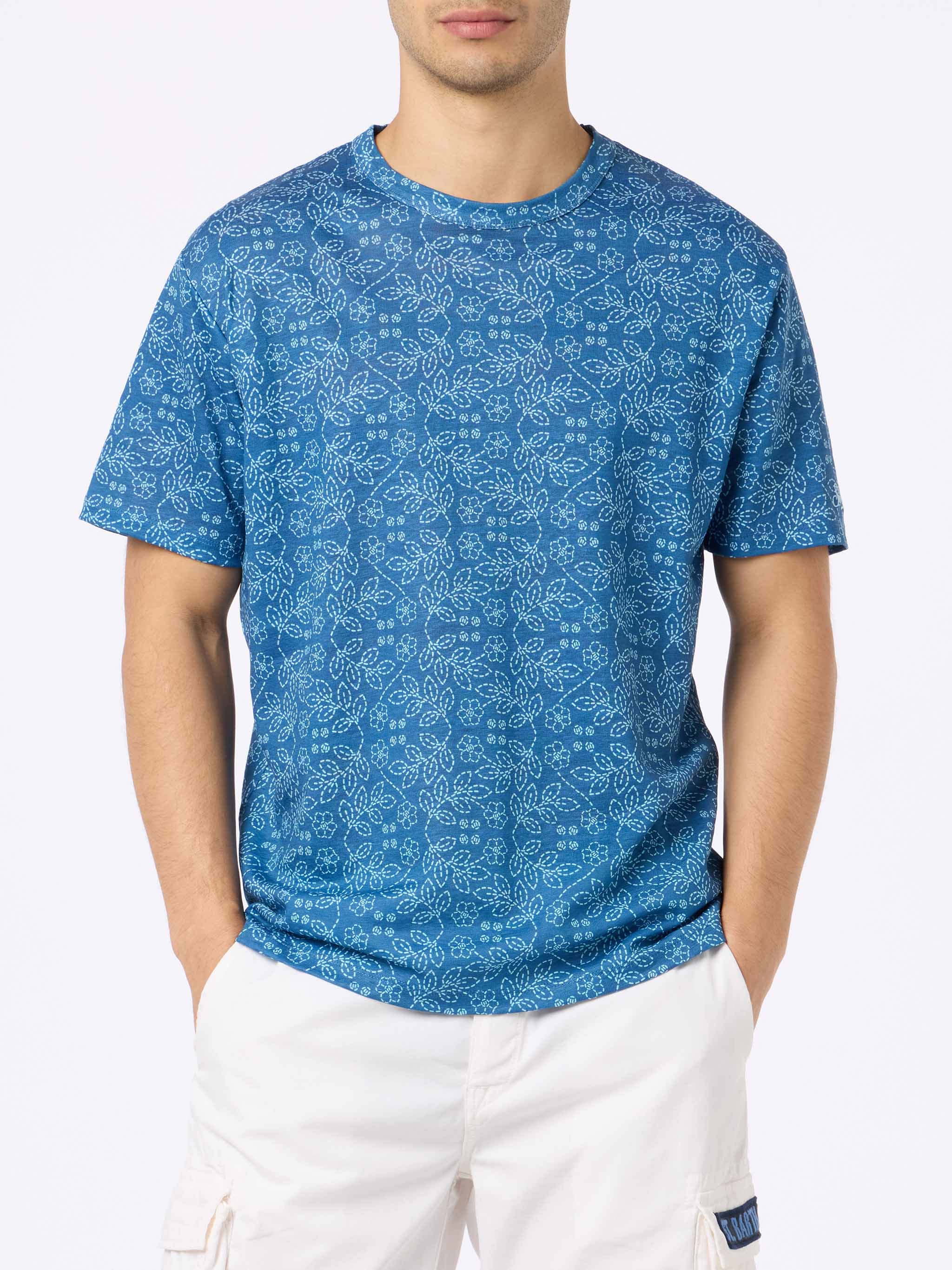 Ecstasea Blue Linen Jersey T-Shirt With Sashiko Pattern