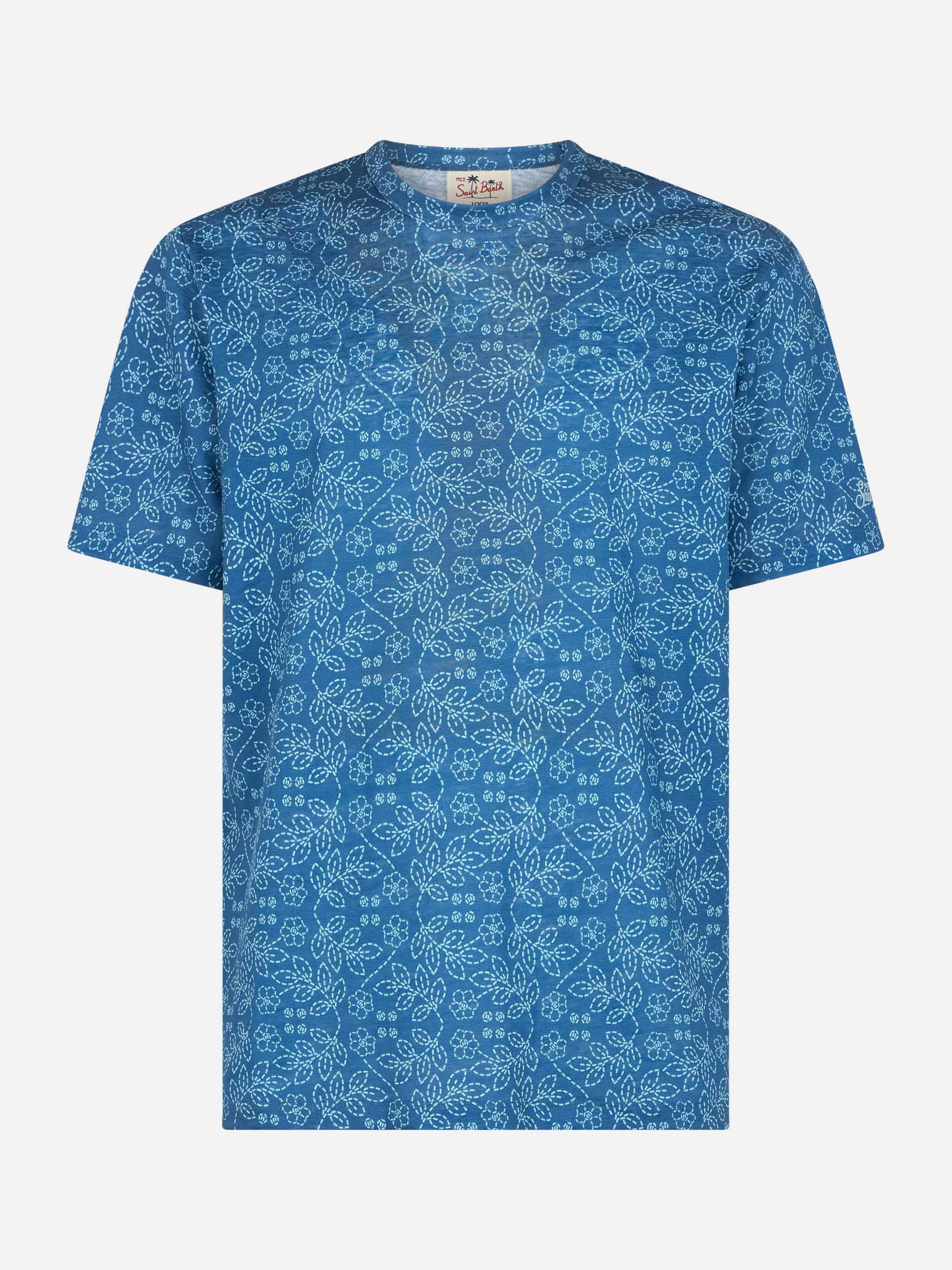 Ecstasea Blue Linen Jersey T-Shirt With Sashiko Pattern