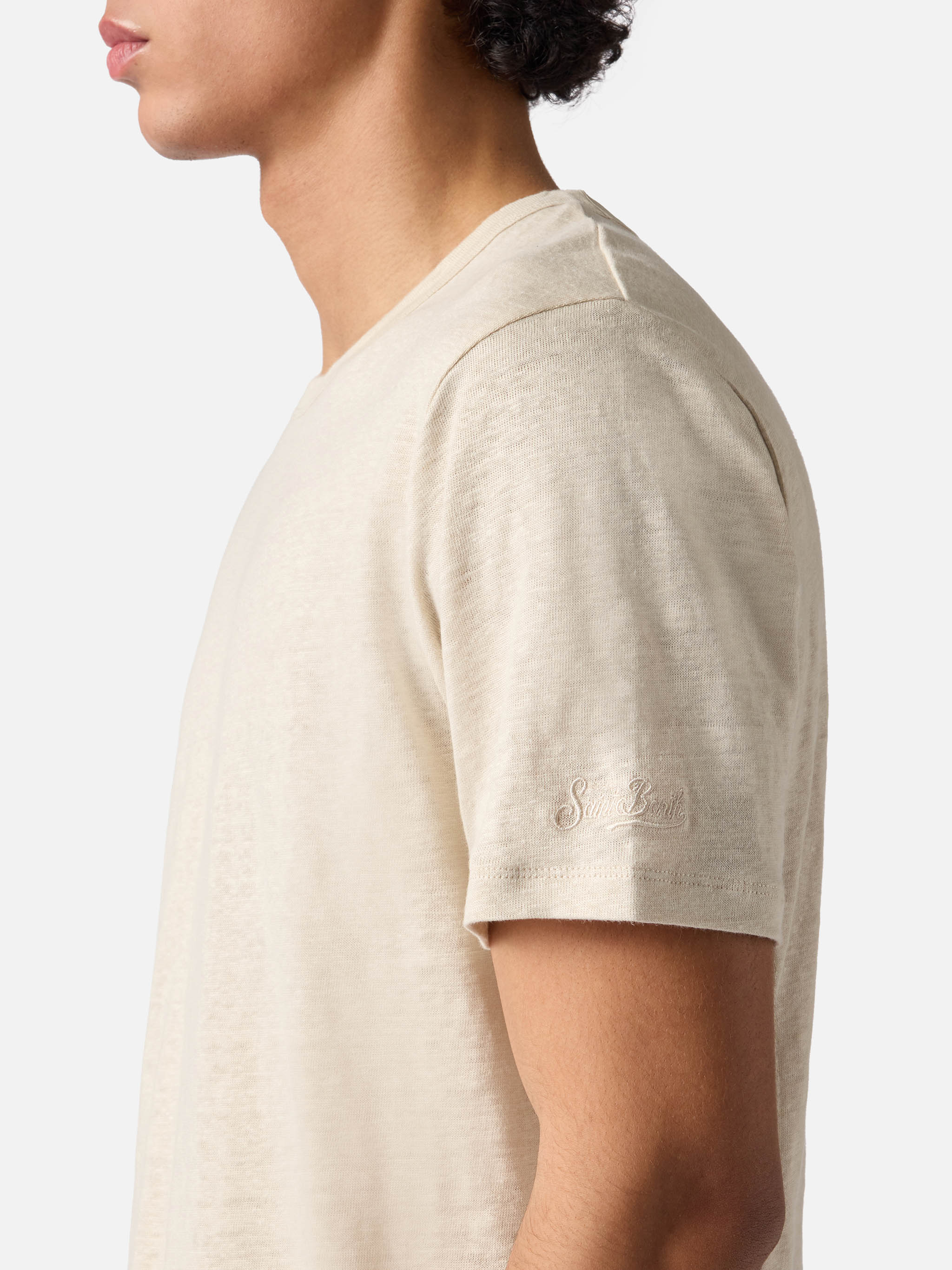 Cream Ecstasea Pure Linen T-Shirt With Logo Embroidery White