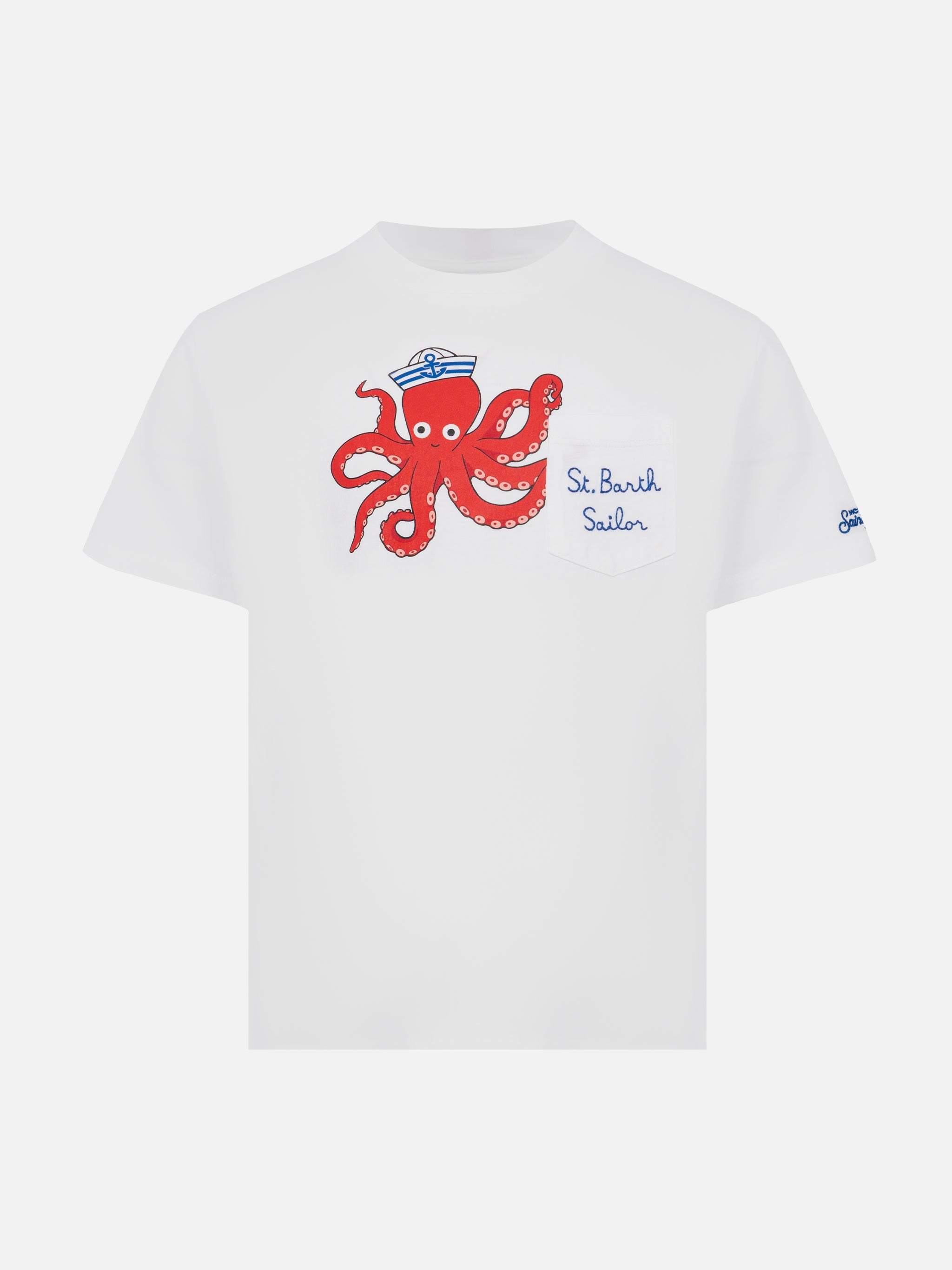 Eddy Cotton T-Shirt With Octopus Print And St. Barth Sailor Embroidery White