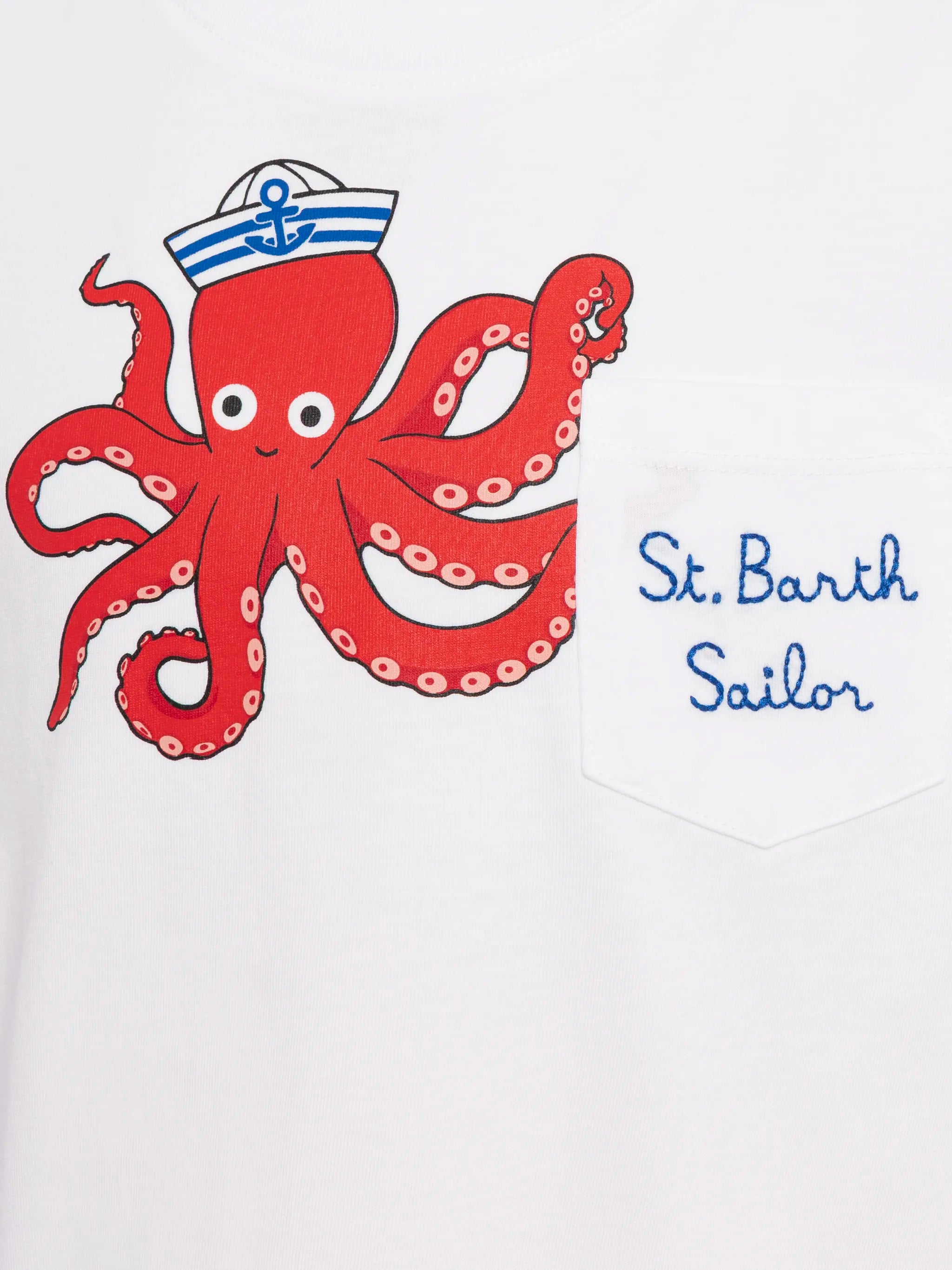 Eddy Cotton T-Shirt With Octopus Print And St. Barth Sailor Embroidery White