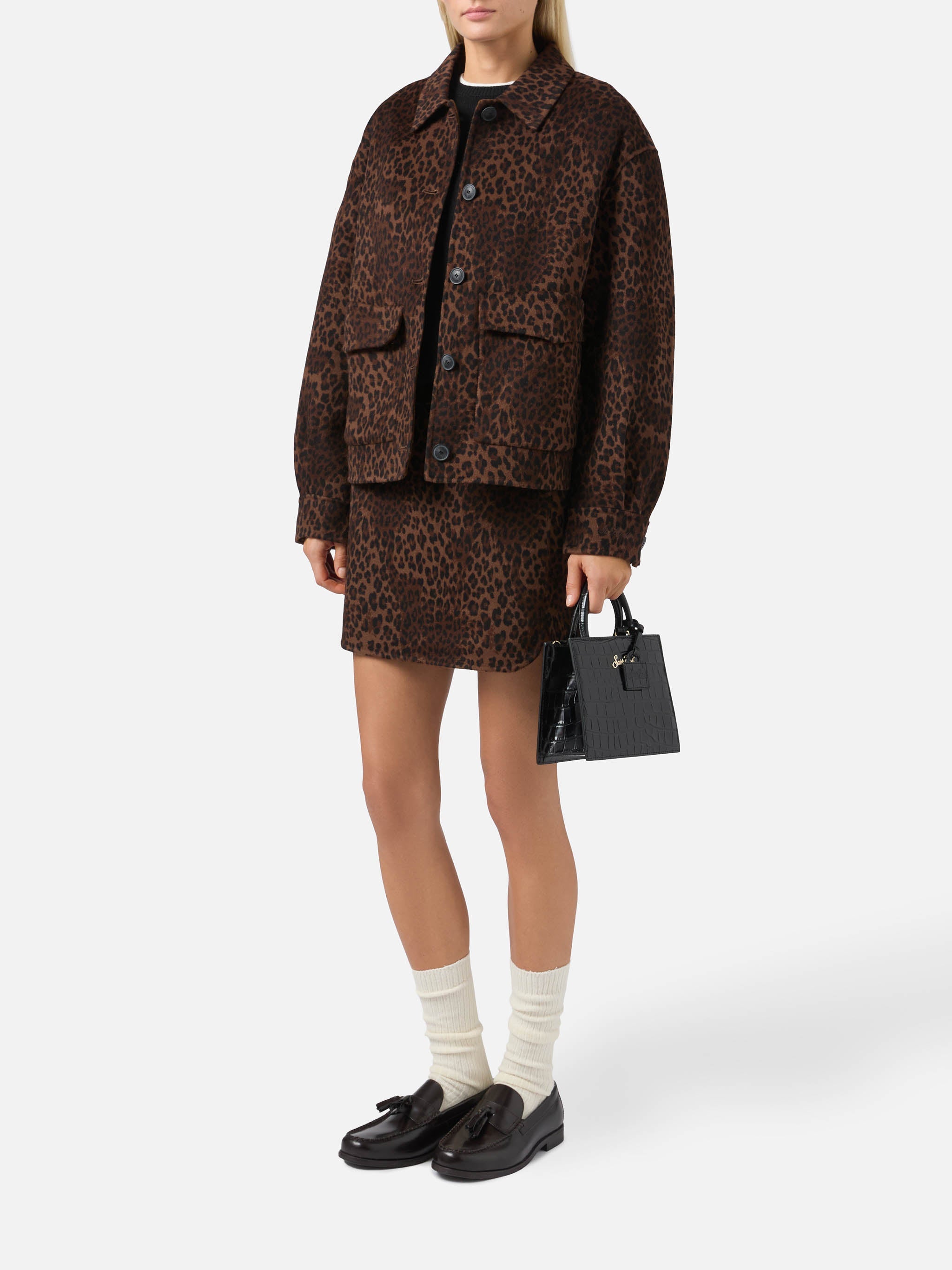 Eira Mini Skirt Double Fabric With Leopard Print Brown