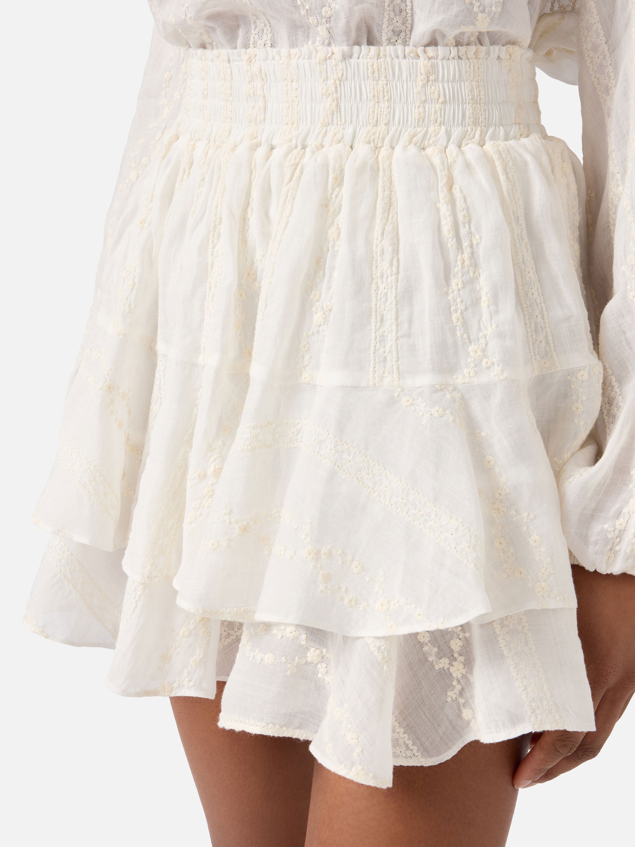 Beige Eivissa Short Ramie Skirt With Embroidery White