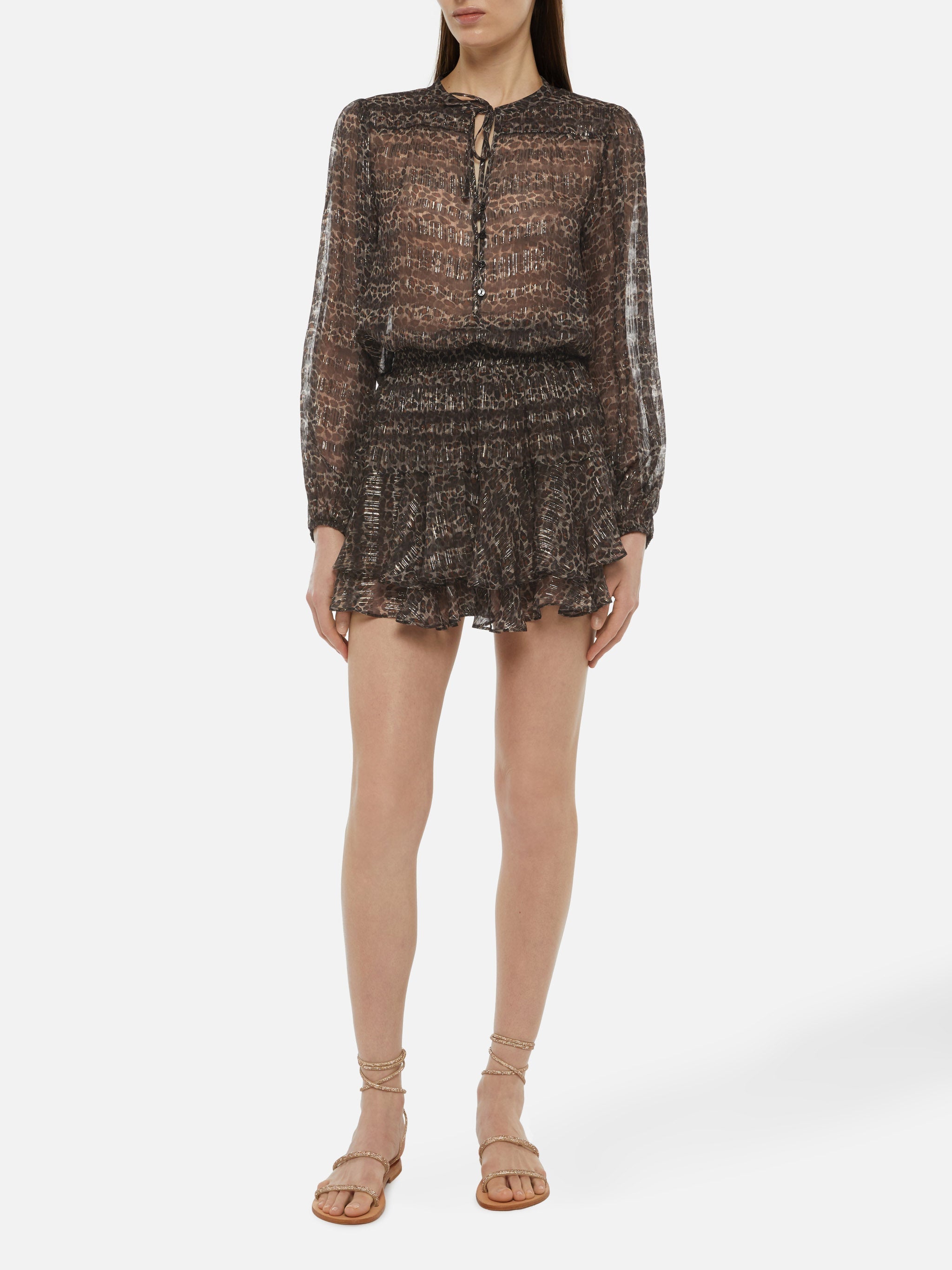 Eivissa Ruffled Mini Skirt Lurex Silk Voile With Animalier Print Brown