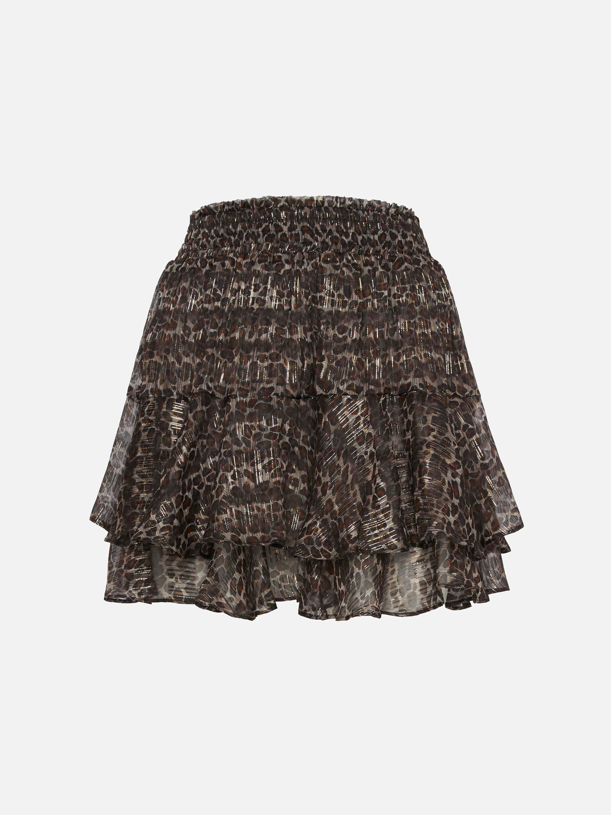 Eivissa Ruffled Mini Skirt Lurex Silk Voile With Animalier Print Brown