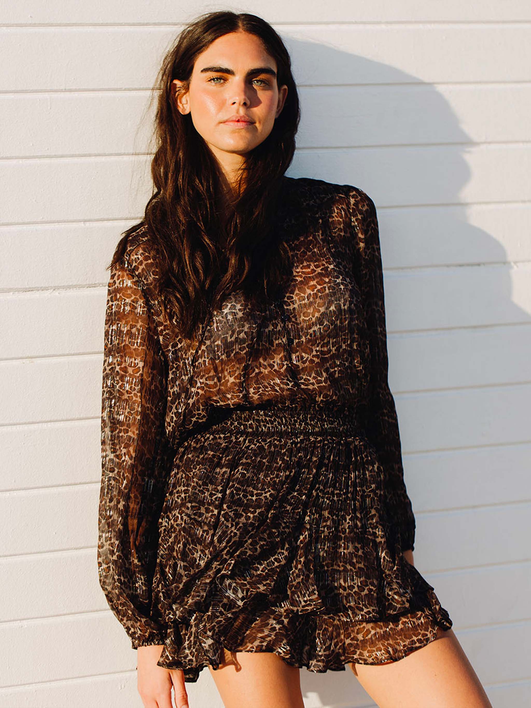 Eivissa Ruffled Mini Skirt Lurex Silk Voile With Animalier Print Brown