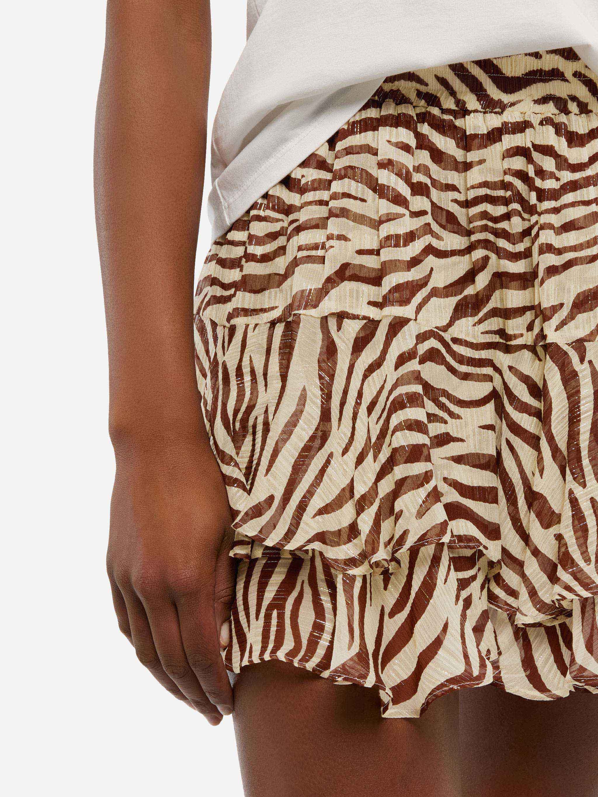 Eivissa Ruffled Mini Skirt Lurex Silk Voile With Animalier Print White