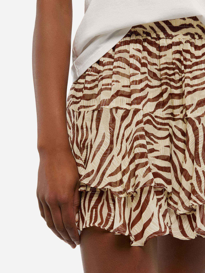 Eivissa Ruffled Mini Skirt Lurex Silk Voile With Animalier Print White