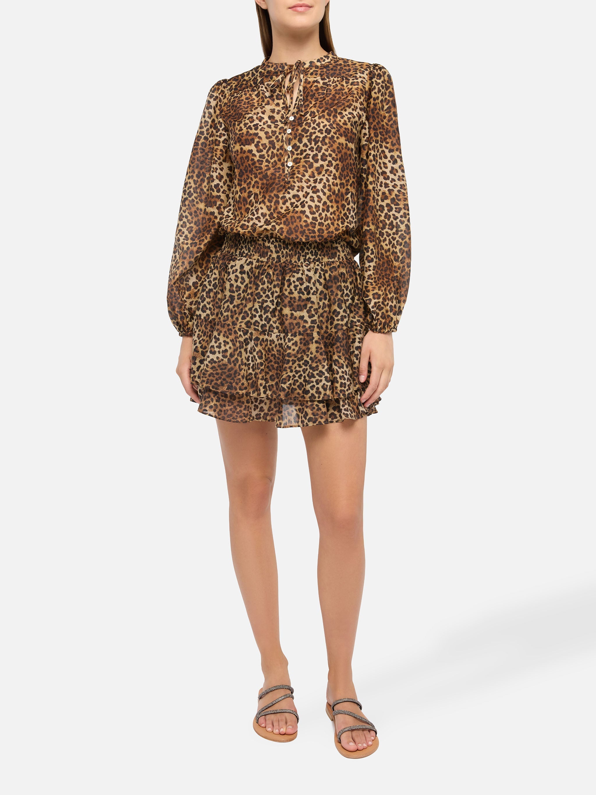 Eivissa Ruffled Mini Skirt Silk Voile With Animalier Print White