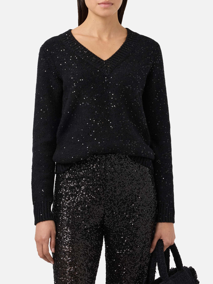 Black V-Neck Sweater With Sequins