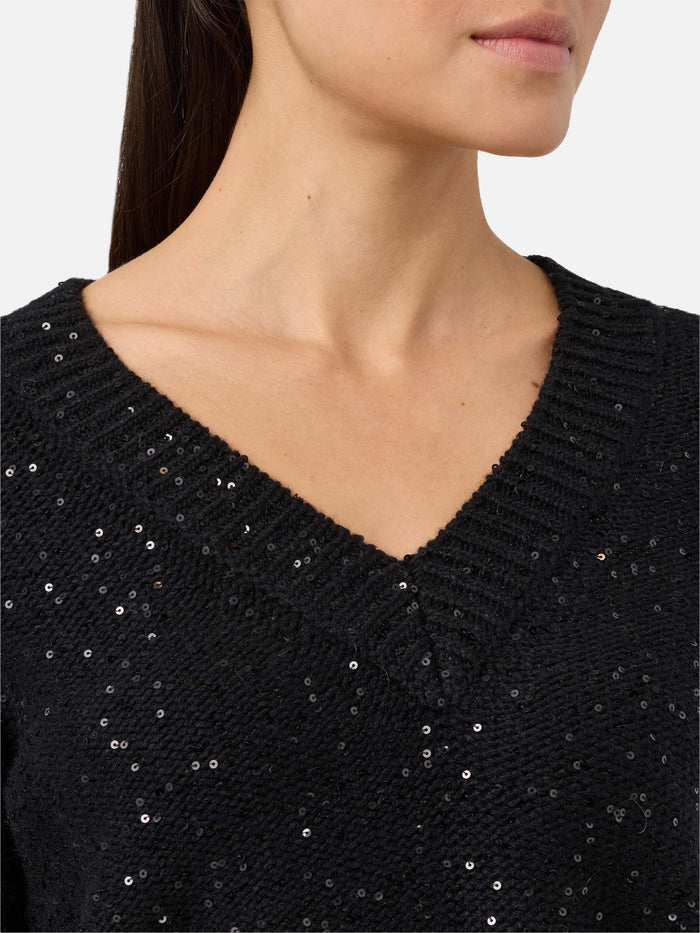 Black V-Neck Sweater With Sequins