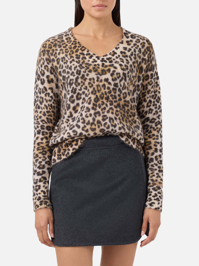 V-Neck Sweater Camel Mohair Blend With Leopard Print Brown