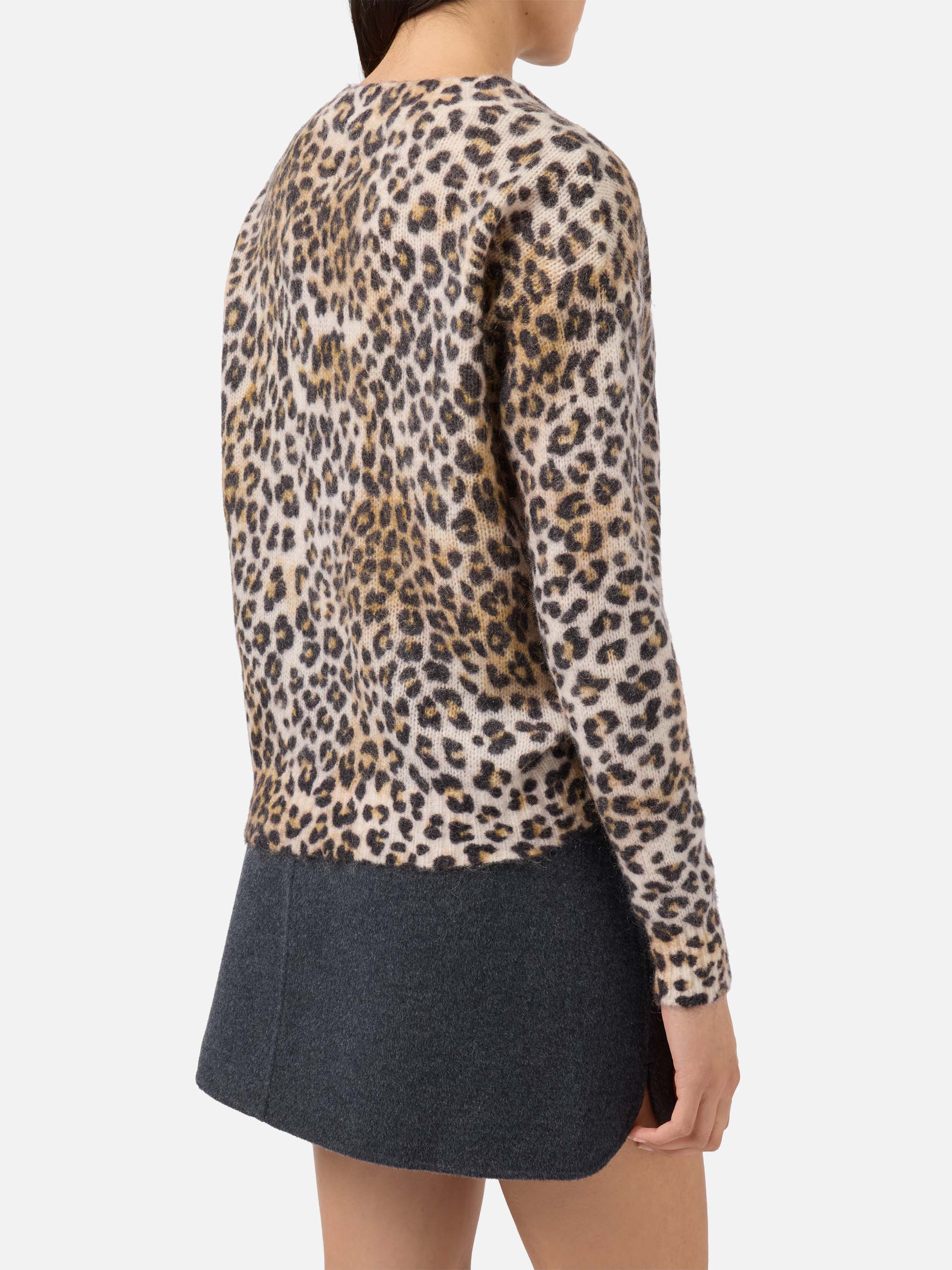 V-Neck Sweater Camel Mohair Blend With Leopard Print Brown