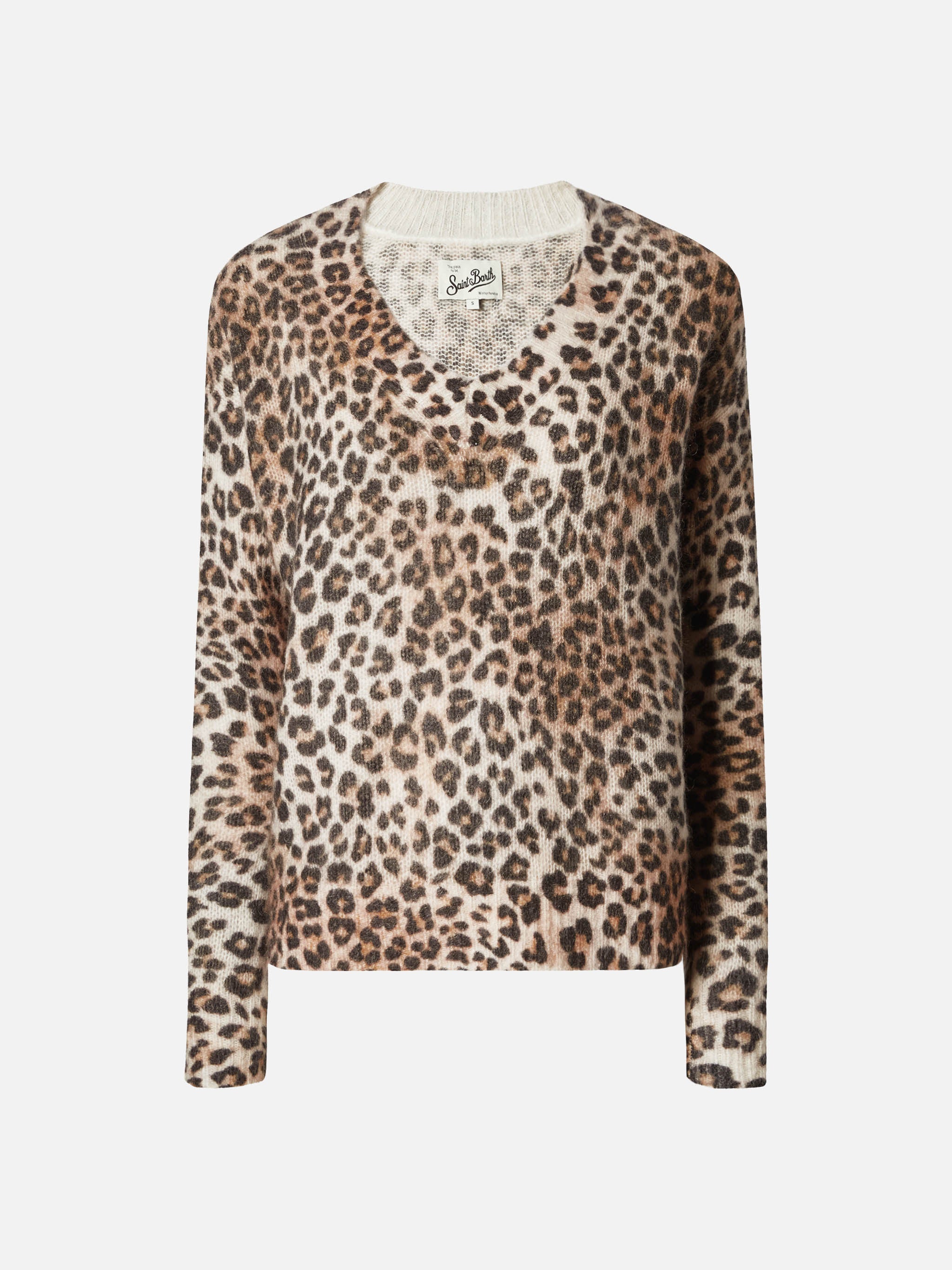 V-Neck Sweater Camel Mohair Blend With Leopard Print Brown