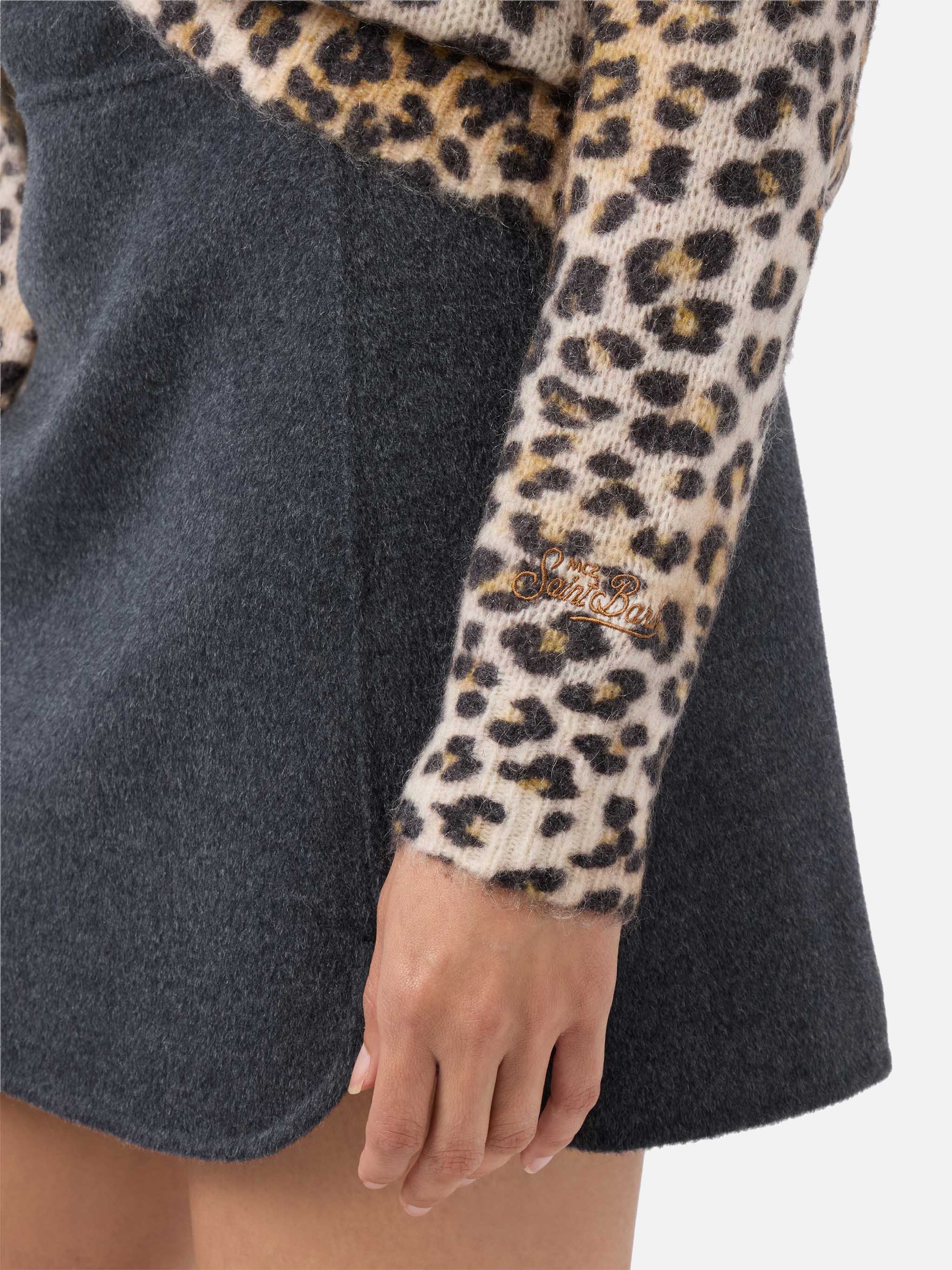 V-Neck Sweater Camel Mohair Blend With Leopard Print Brown