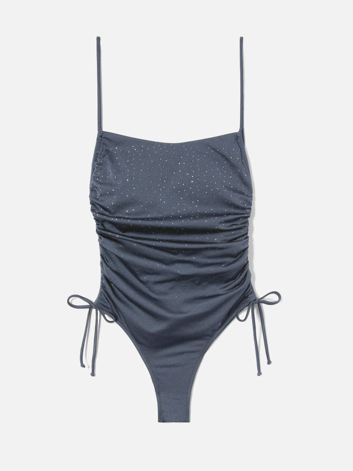 Eliya One-Piece Swimsuit Glossy Finish With Rhinestone Details Grey One Piece