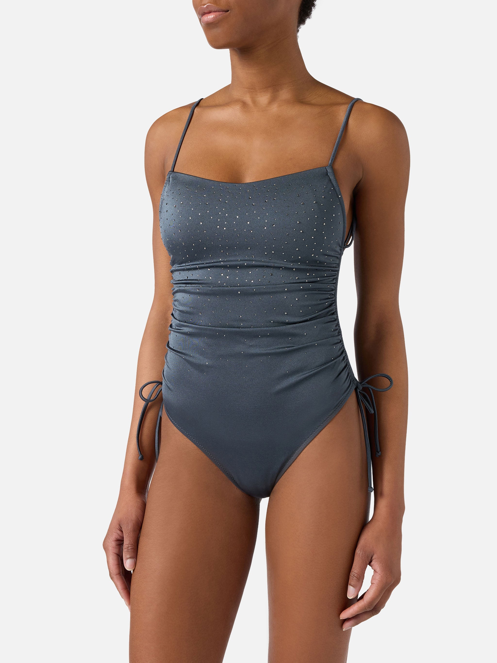 Eliya One-Piece Swimsuit Glossy Finish With Rhinestone Details Grey One Piece