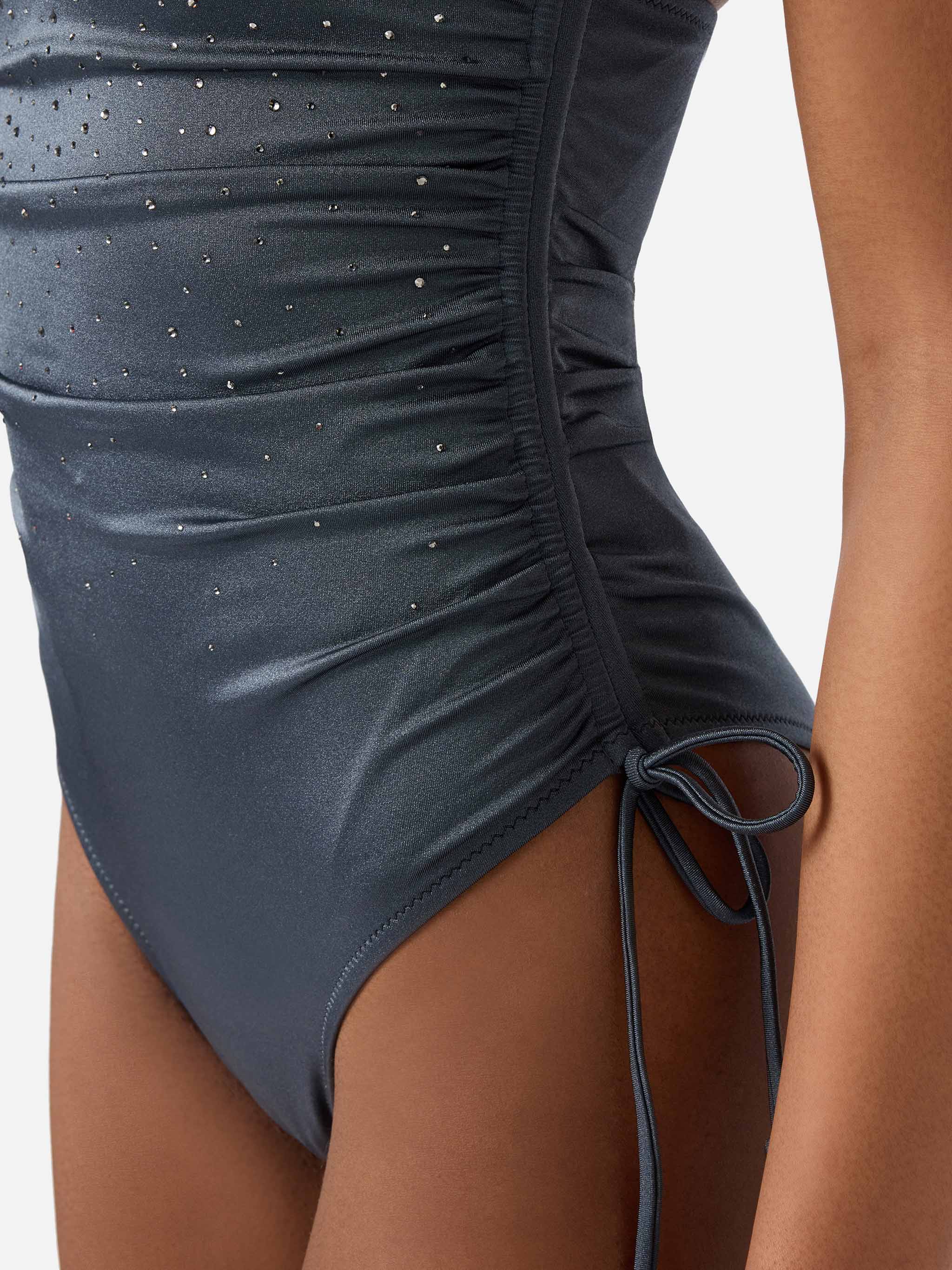 Eliya One-Piece Swimsuit Glossy Finish With Rhinestone Details Grey One Piece