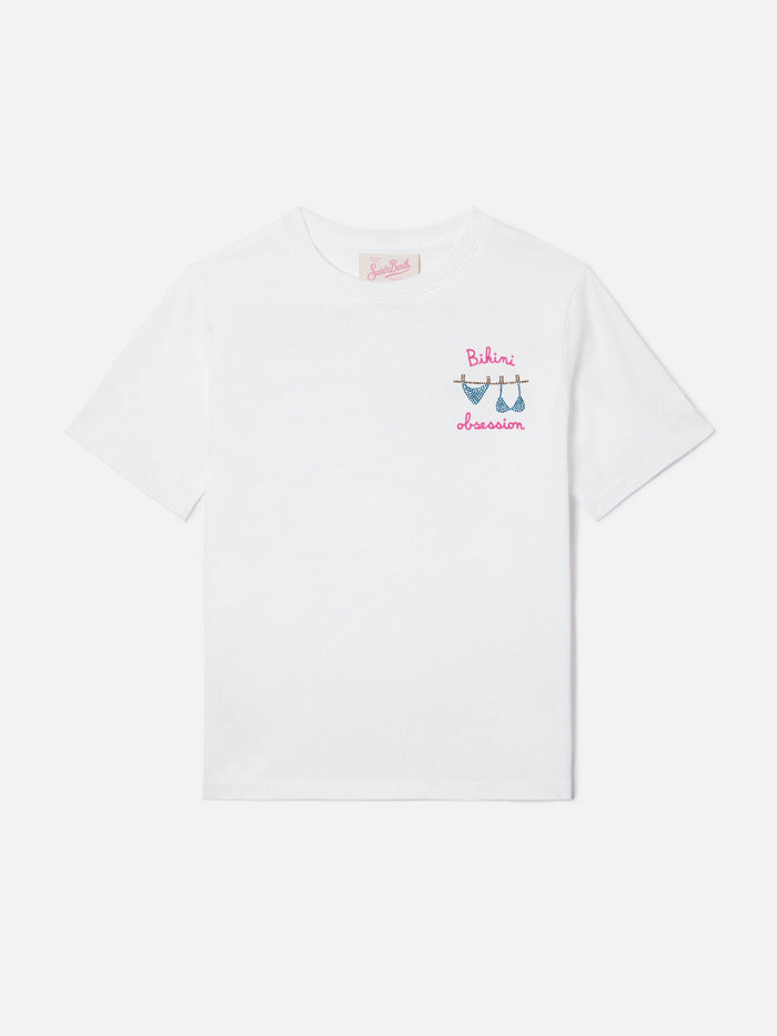 Elly T-Shirt White Cotton With Bikini Obsession Embroidery And Rhinestones