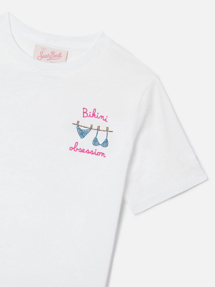Elly T-Shirt White Cotton With Bikini Obsession Embroidery And Rhinestones