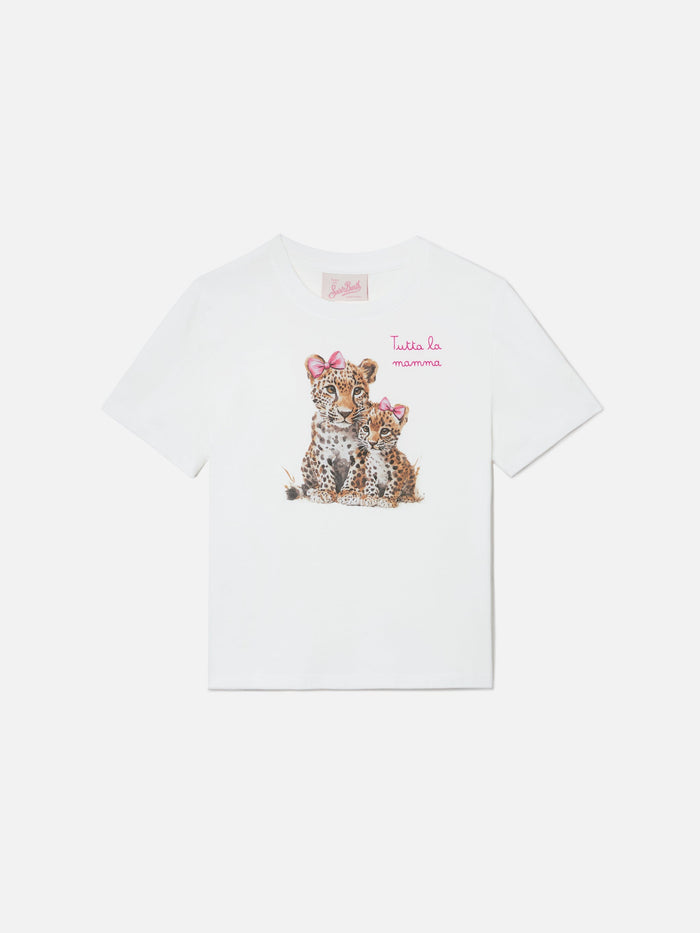 Elly T-Shirt White Cotton With Leopard Print And Tutta La Mamma Embroidery